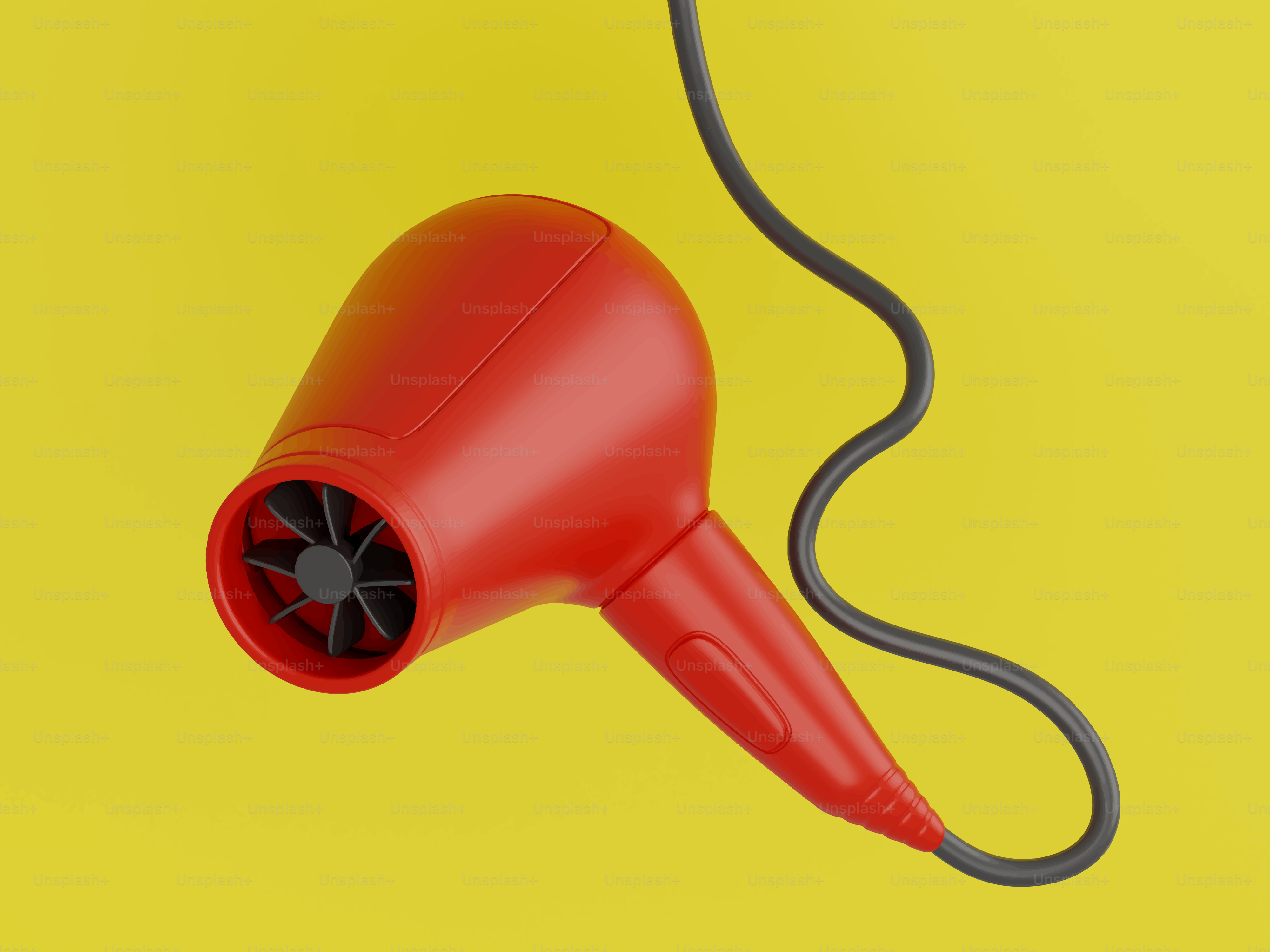 Ein roter Föhn mit schwarzem Kordel auf gelbem Knopf.