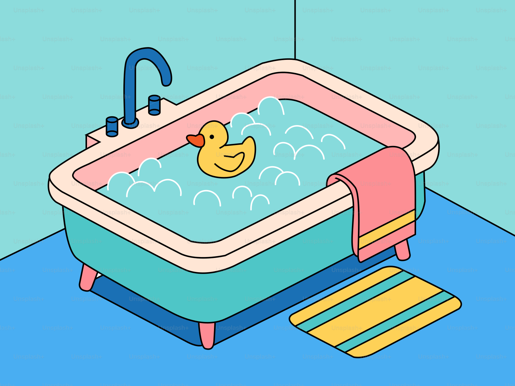 A yellow rubber duck floats in a bubble-filled bathtub.