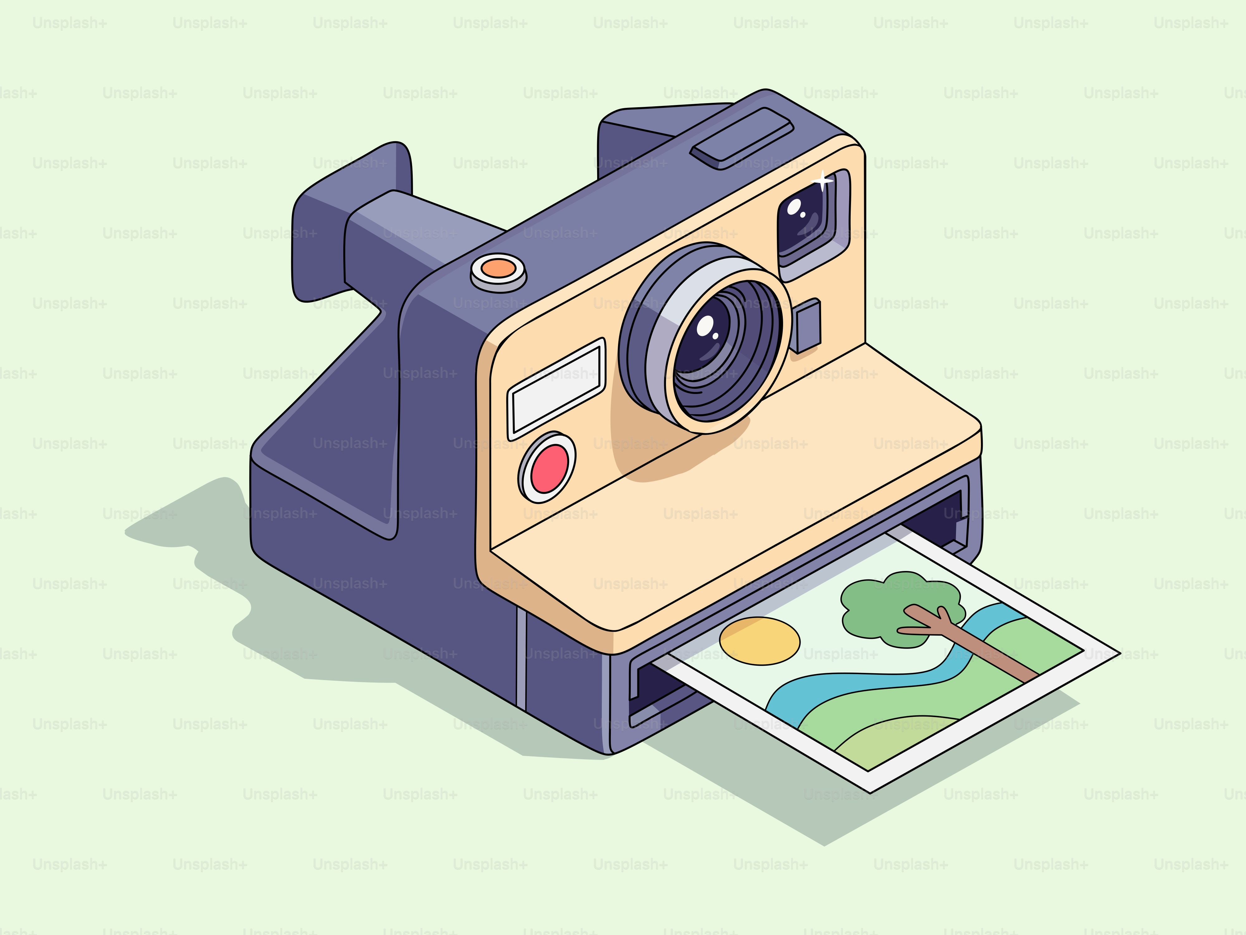 Instant camera printing a landscape picture