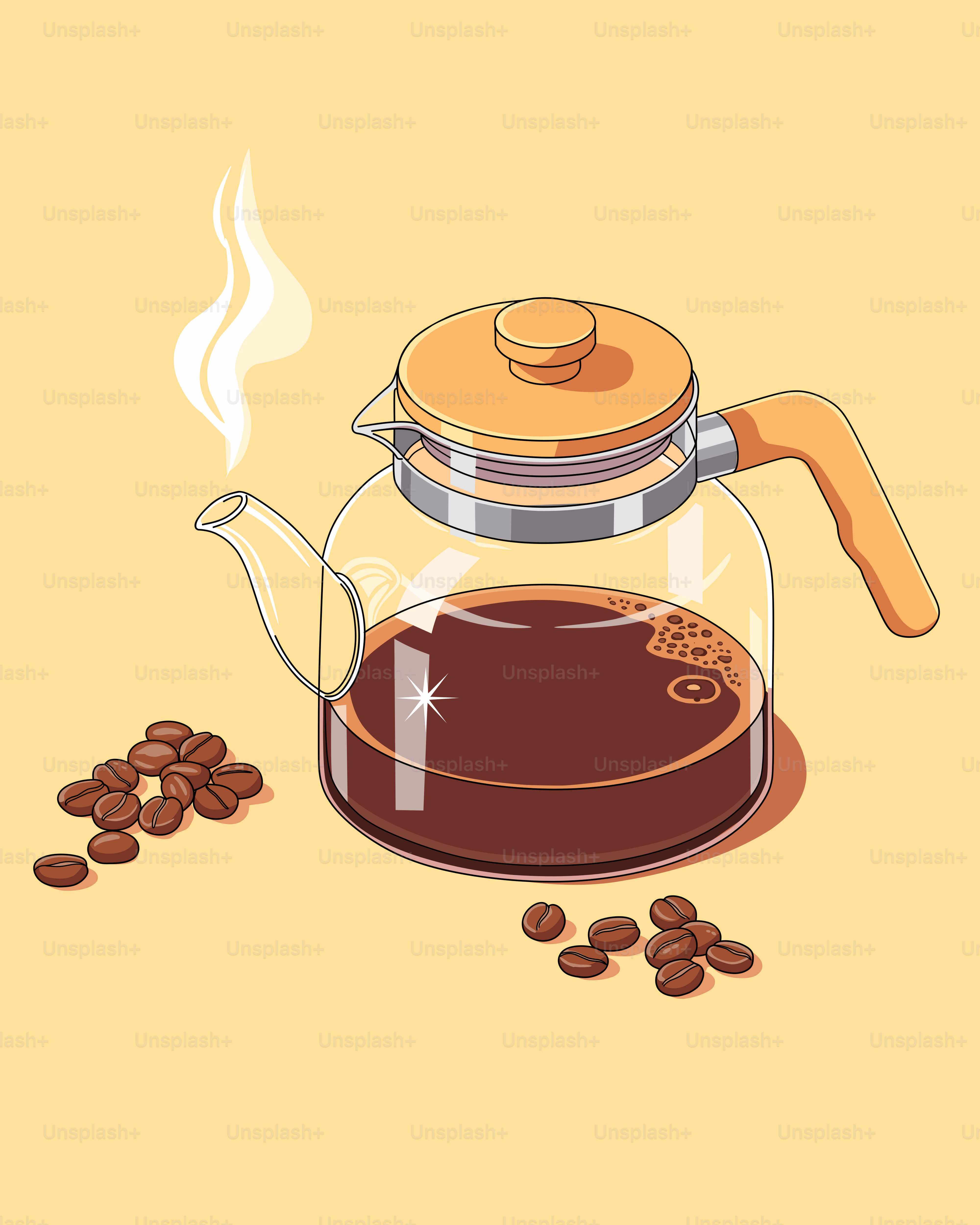Steaming coffee in a glass pot with beans