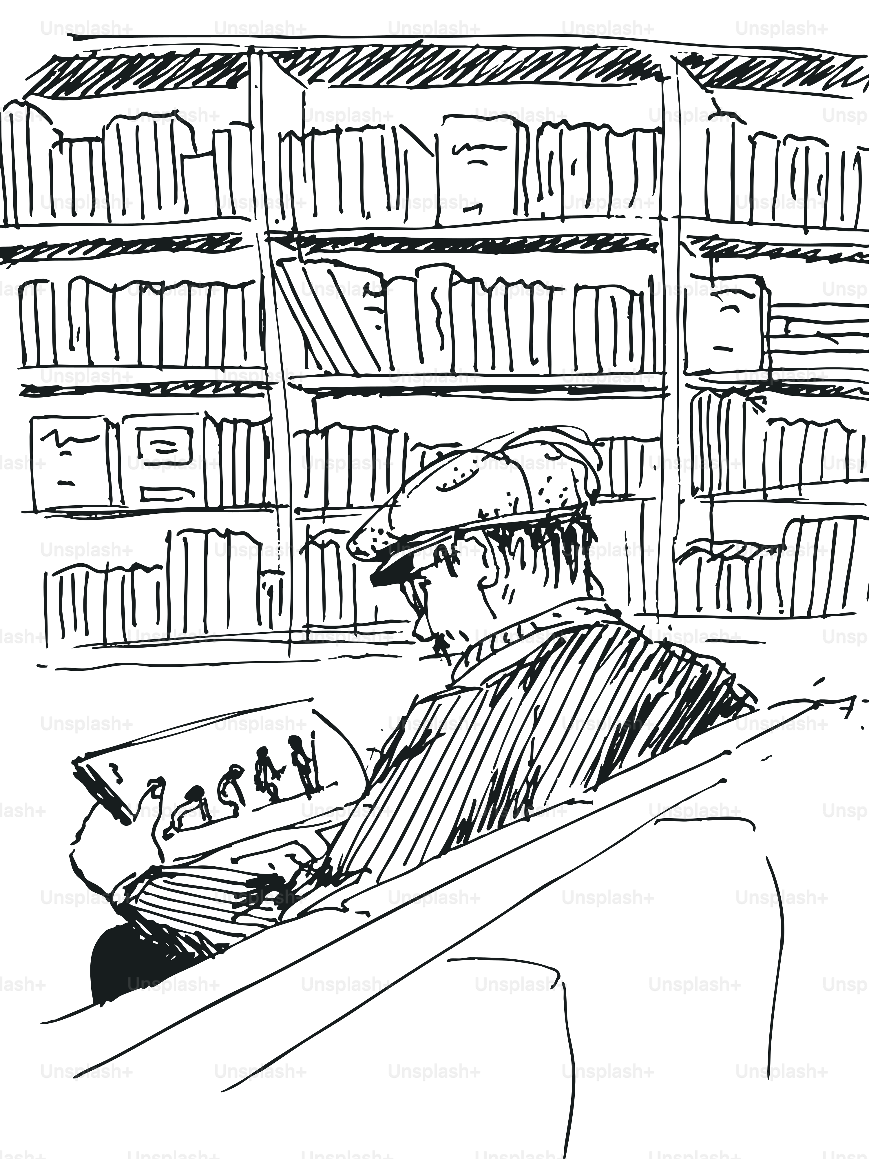 Man reading a book in a library