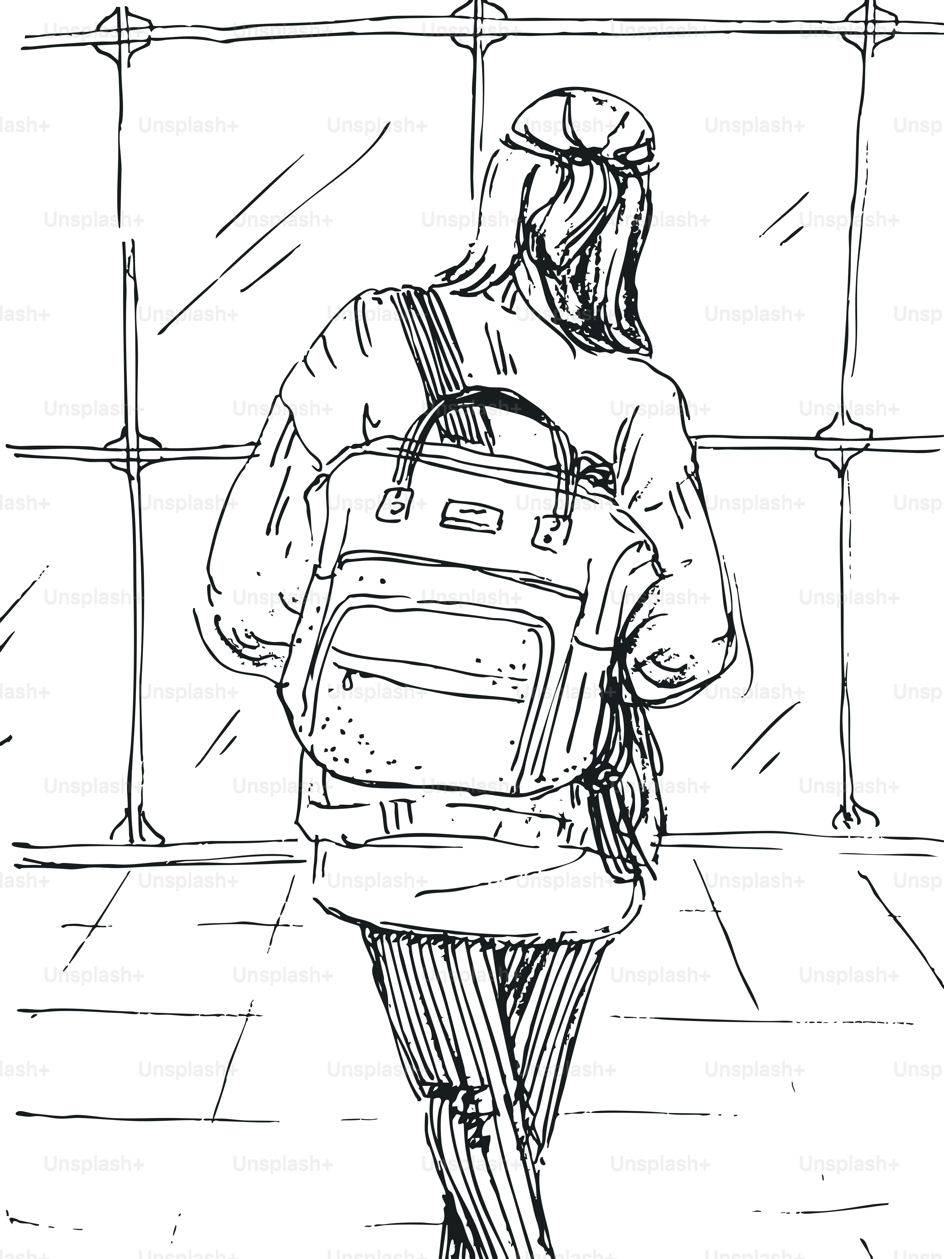 Femme avec un sac à dos regardant par la fenêtre