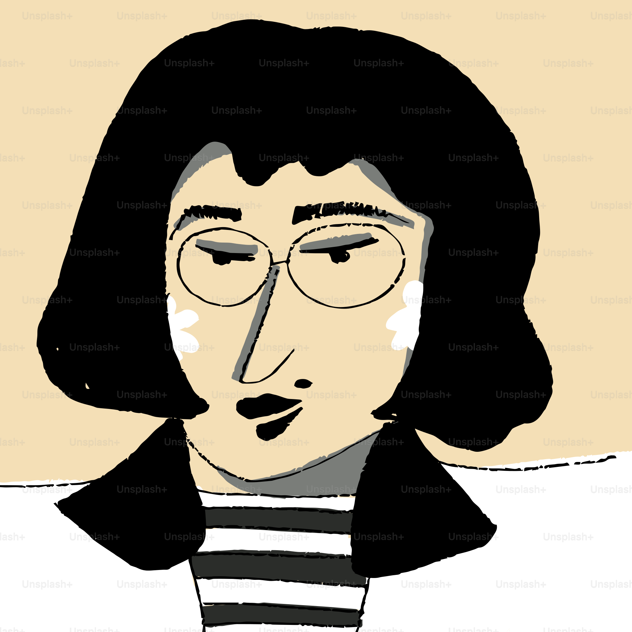 Stylized portrait of a person with glasses and dark hair.