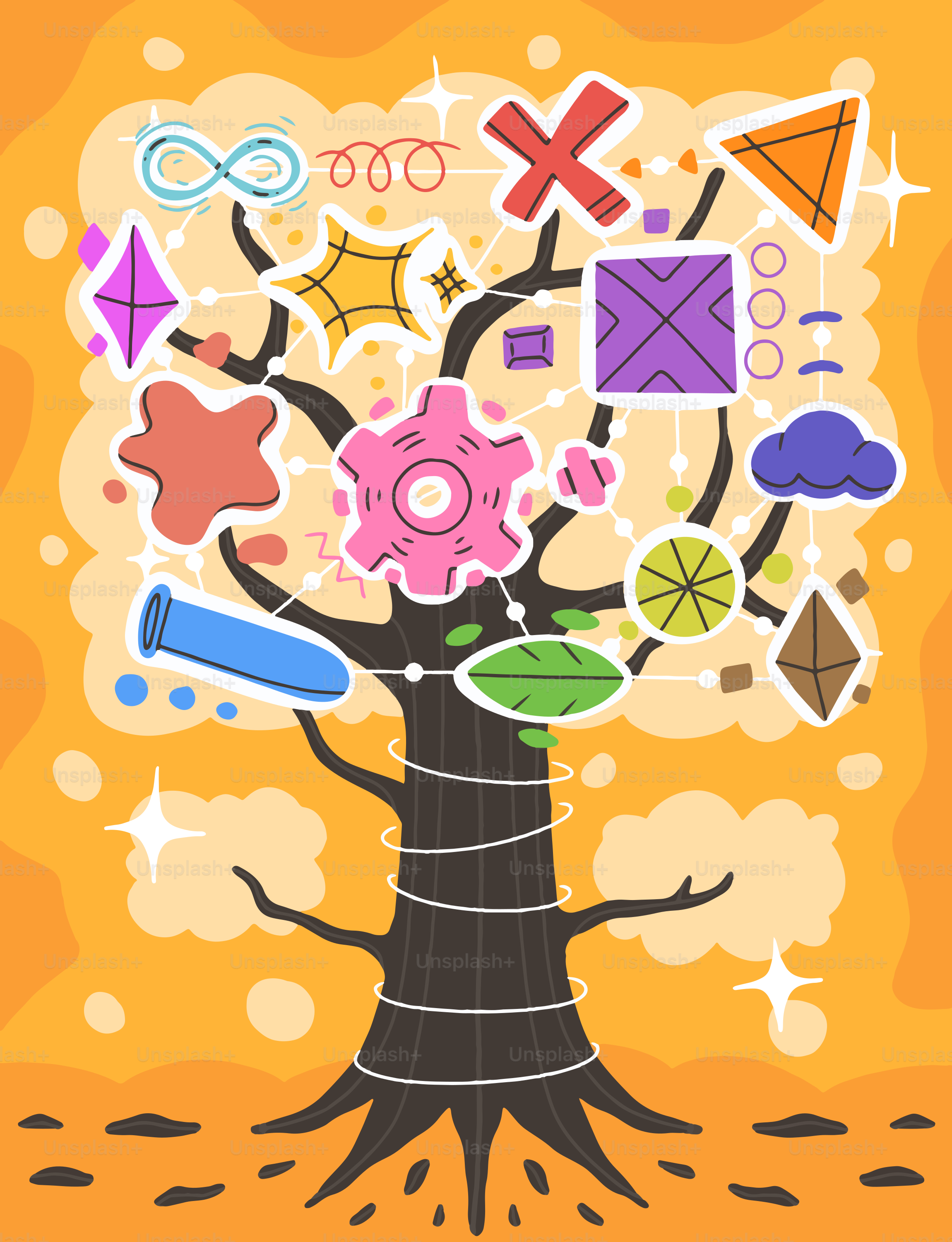 Abstract tree with geometric shapes and symbols