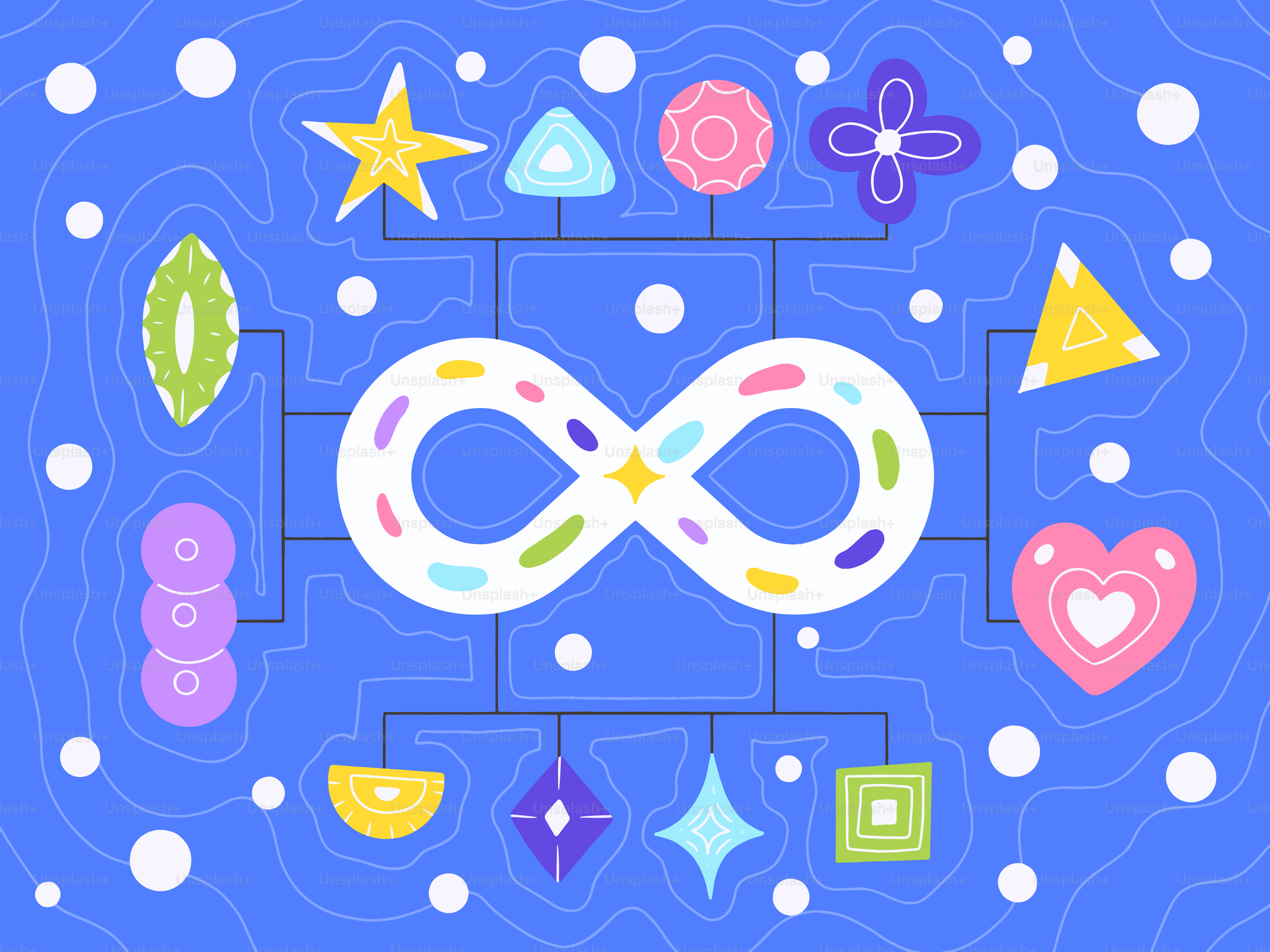 Abstract colorful shapes connected to an infinity symbol