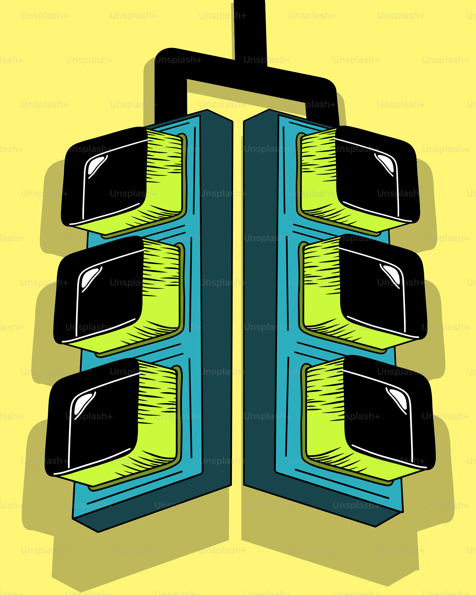 Two traffic lights against a yellow background
