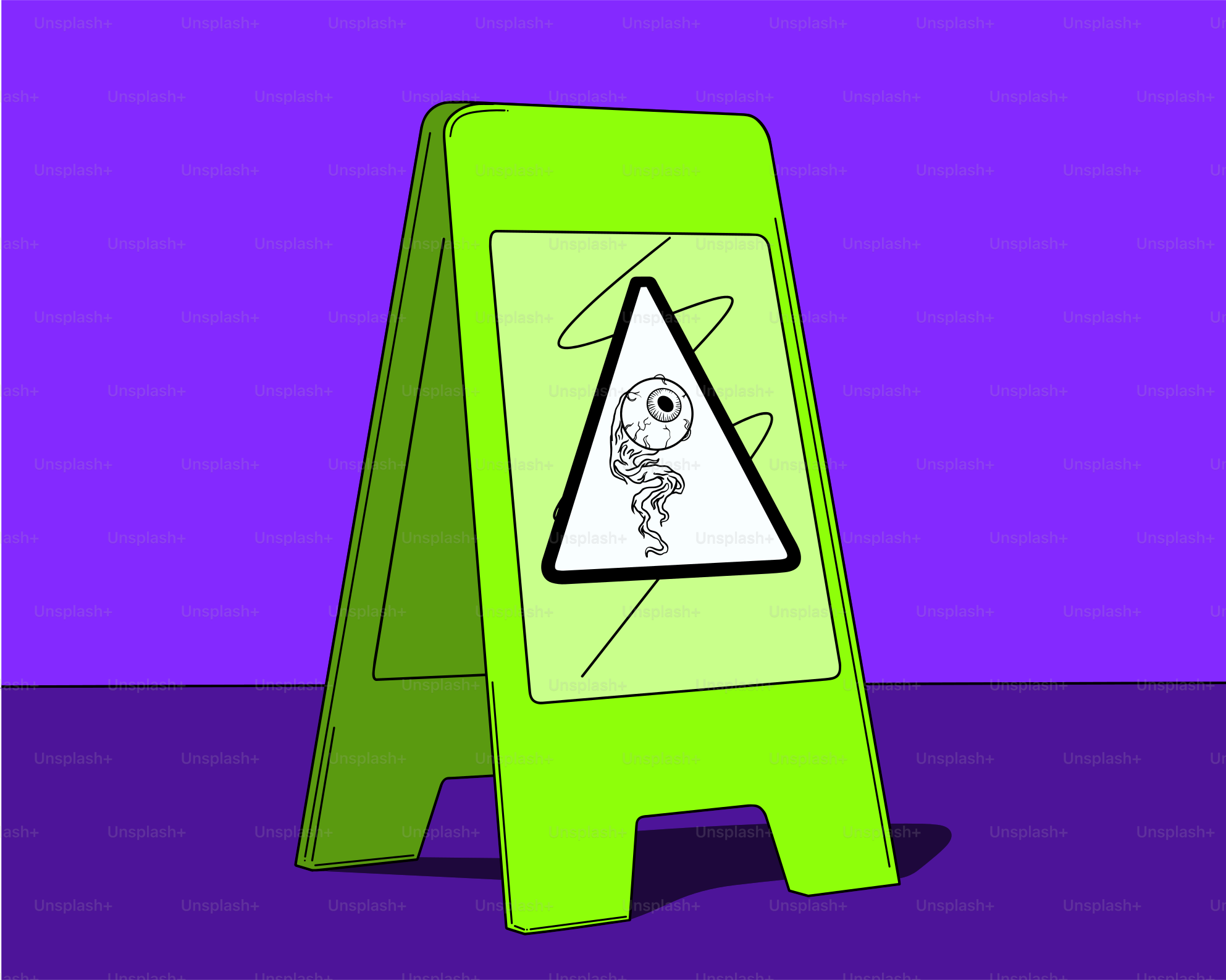 A bright green sign with a warning symbol.