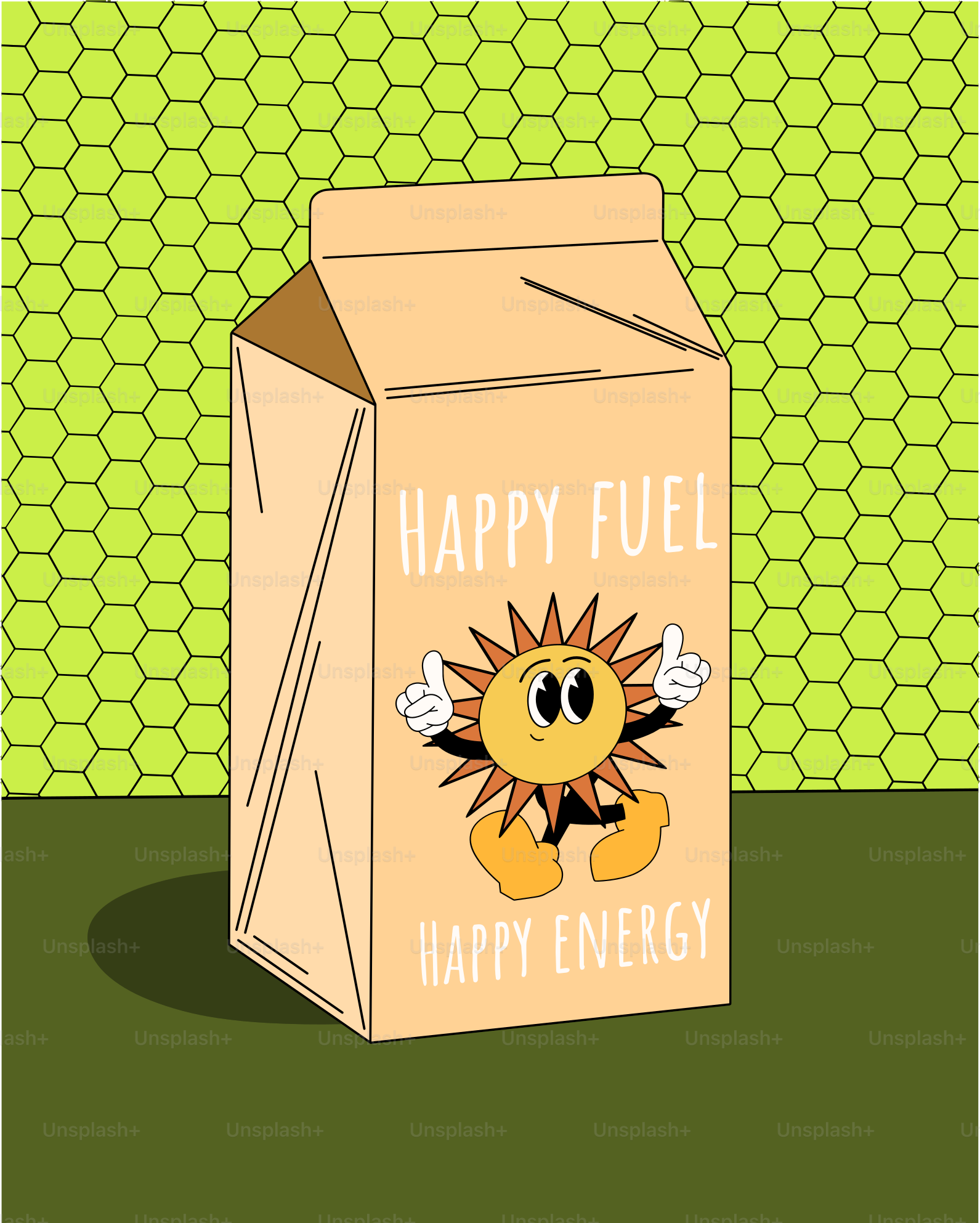 Carton with sun character saying happy fuel happy energy.