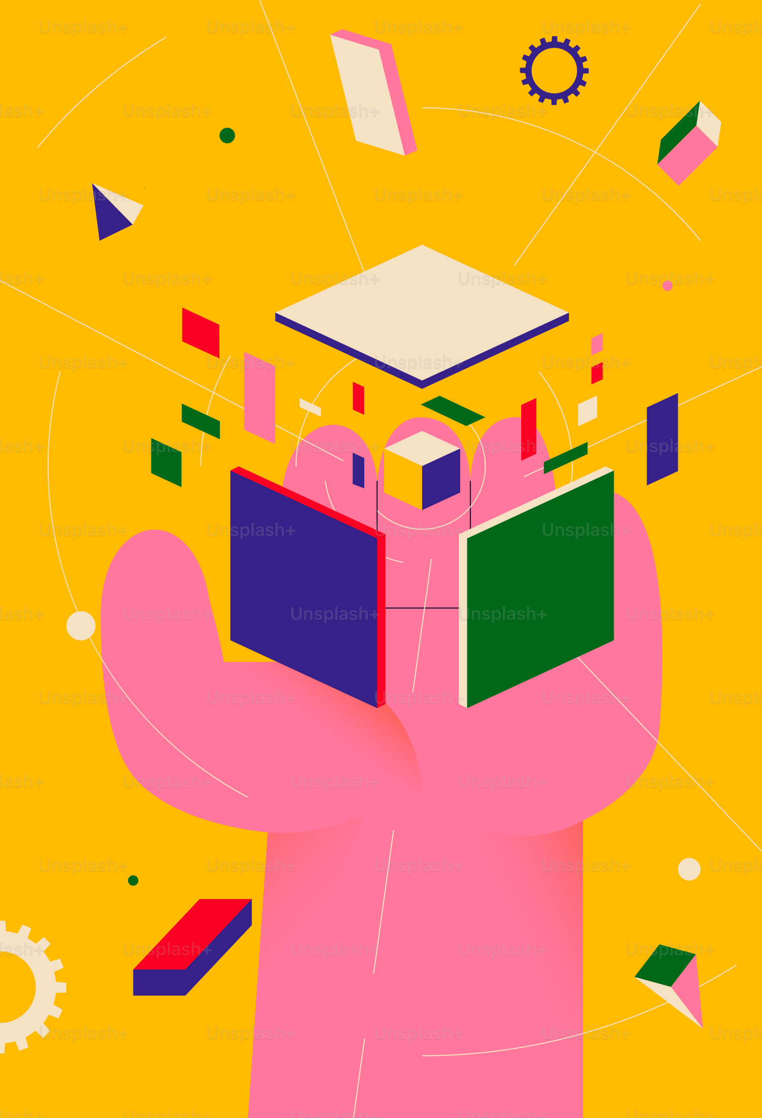 Pink hand assembling geometric shapes against yellow background