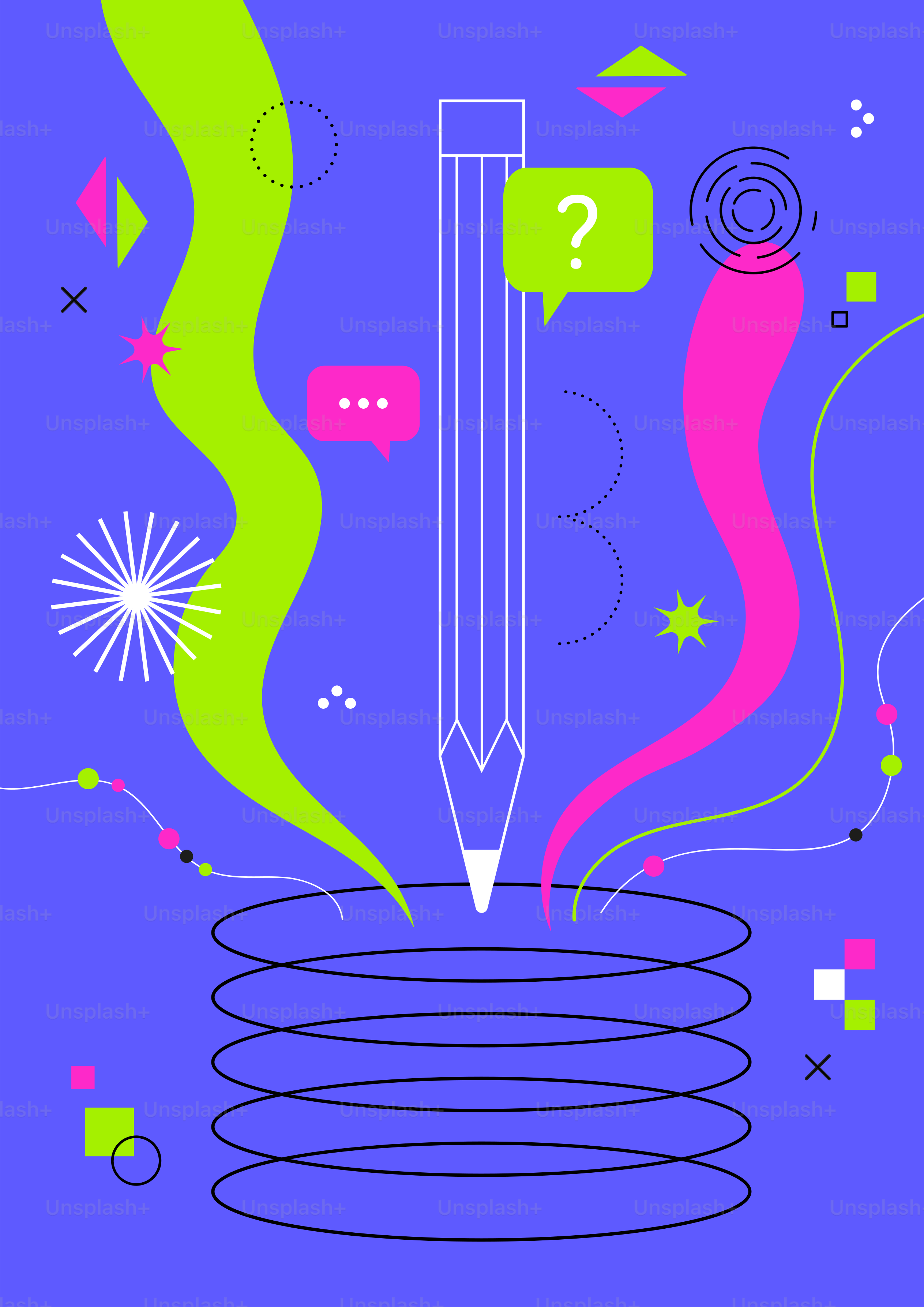 Pencil with abstract shapes and speech bubbles