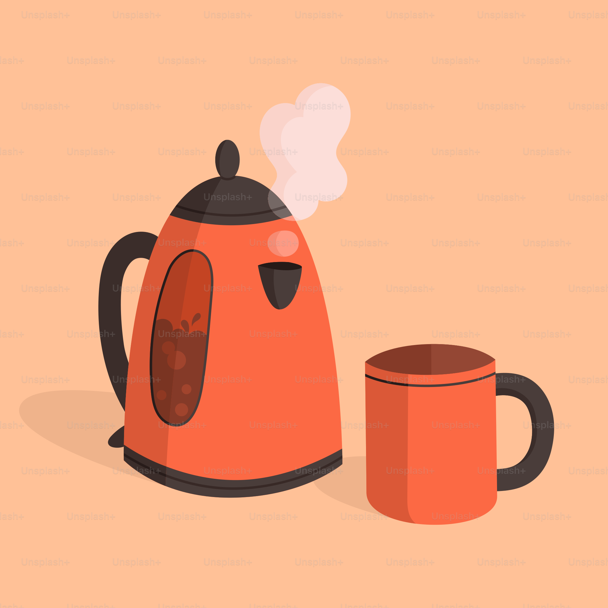 Orange electric kettle with steam next to mug