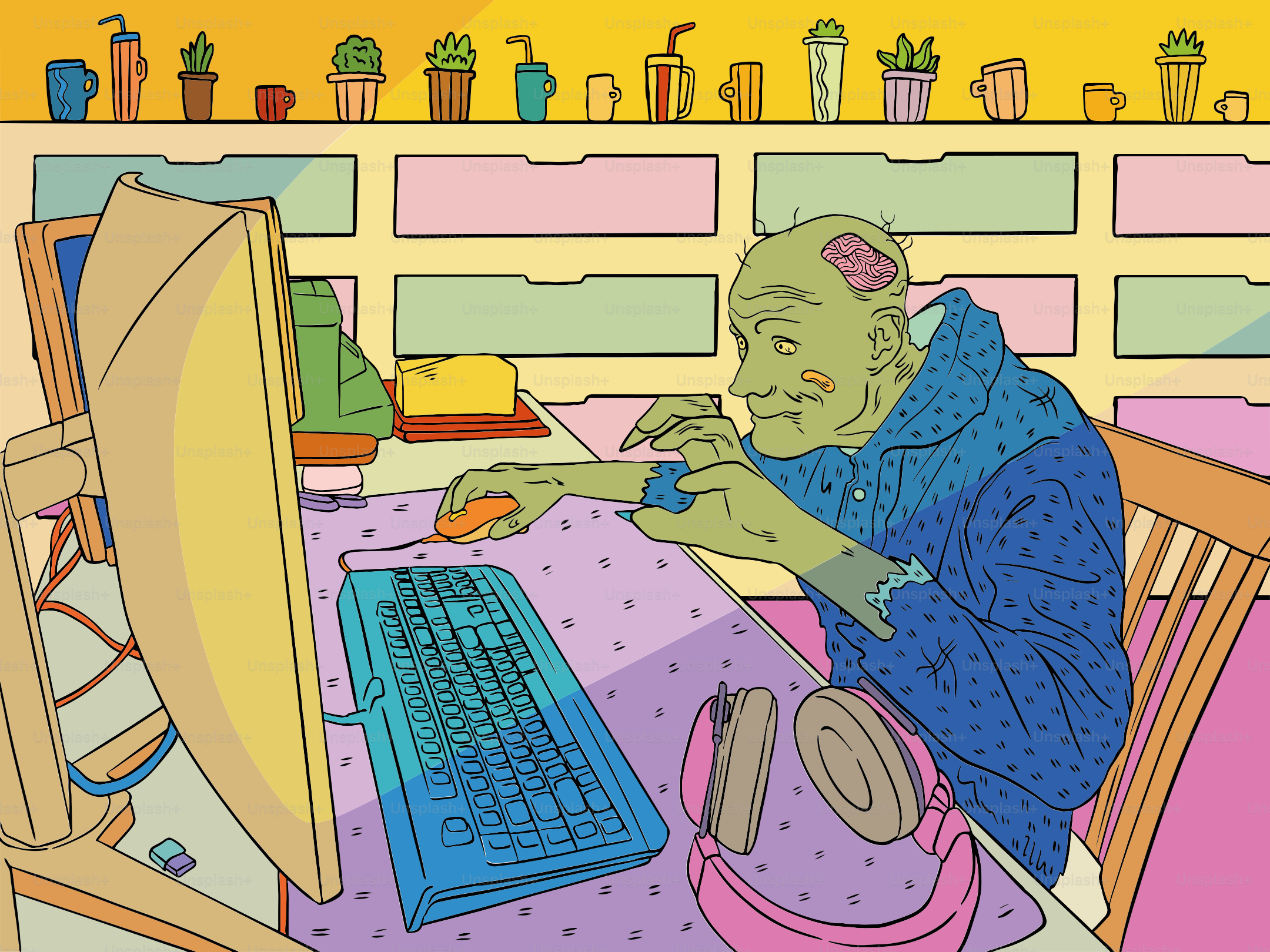 Zombie using a computer at a desk.