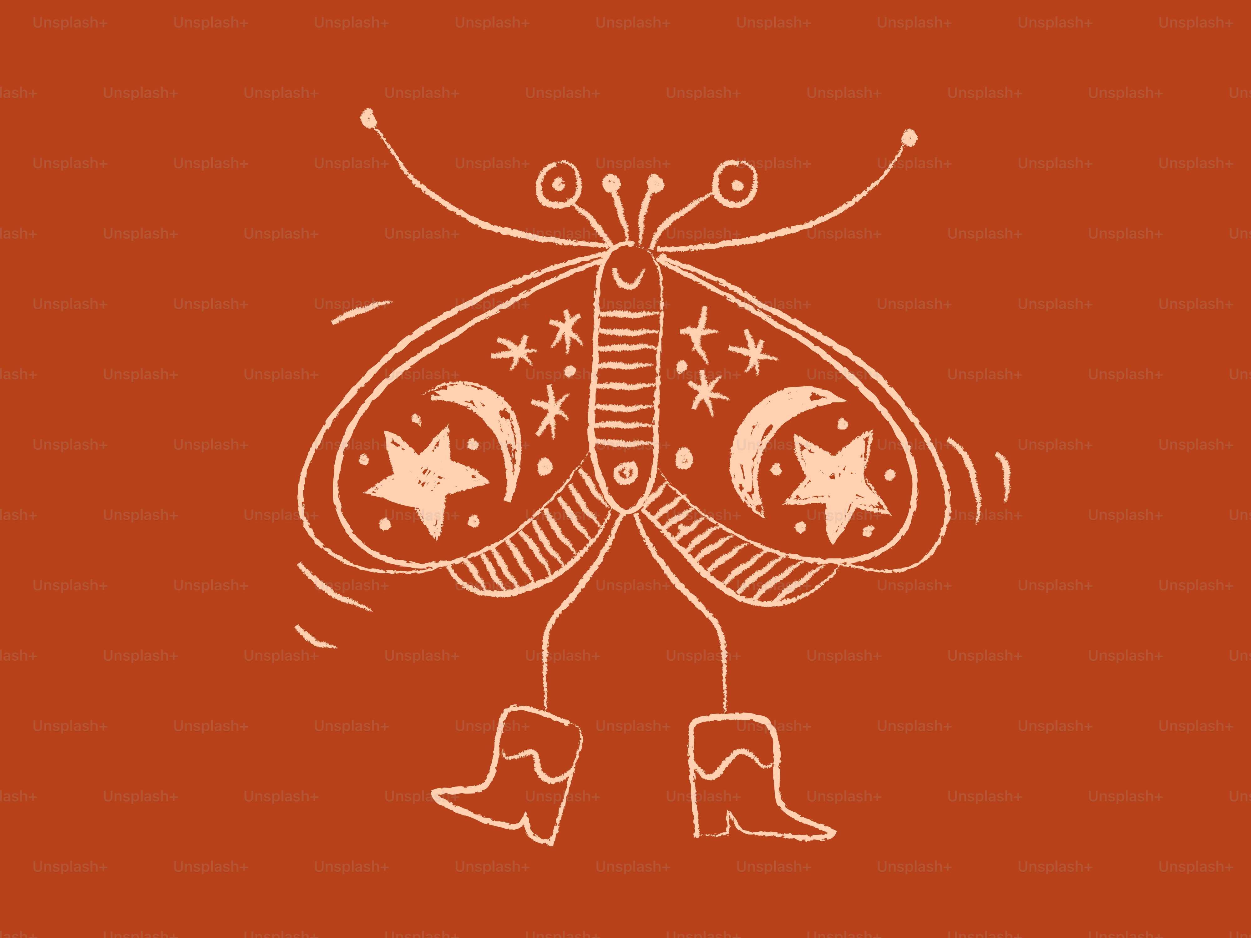 Whimsical moth illustration wearing boots on orange background vector ...