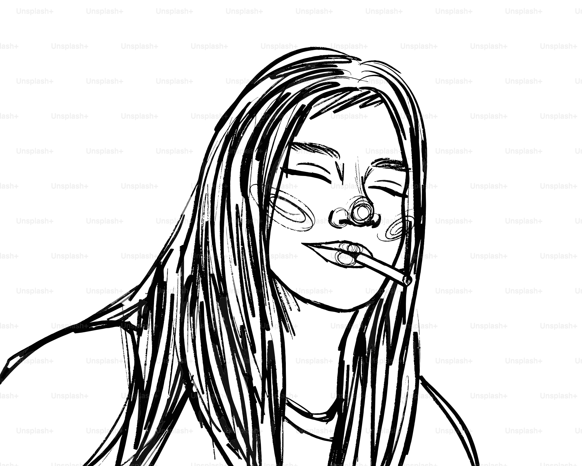 Sketch of a woman with long hair smoking