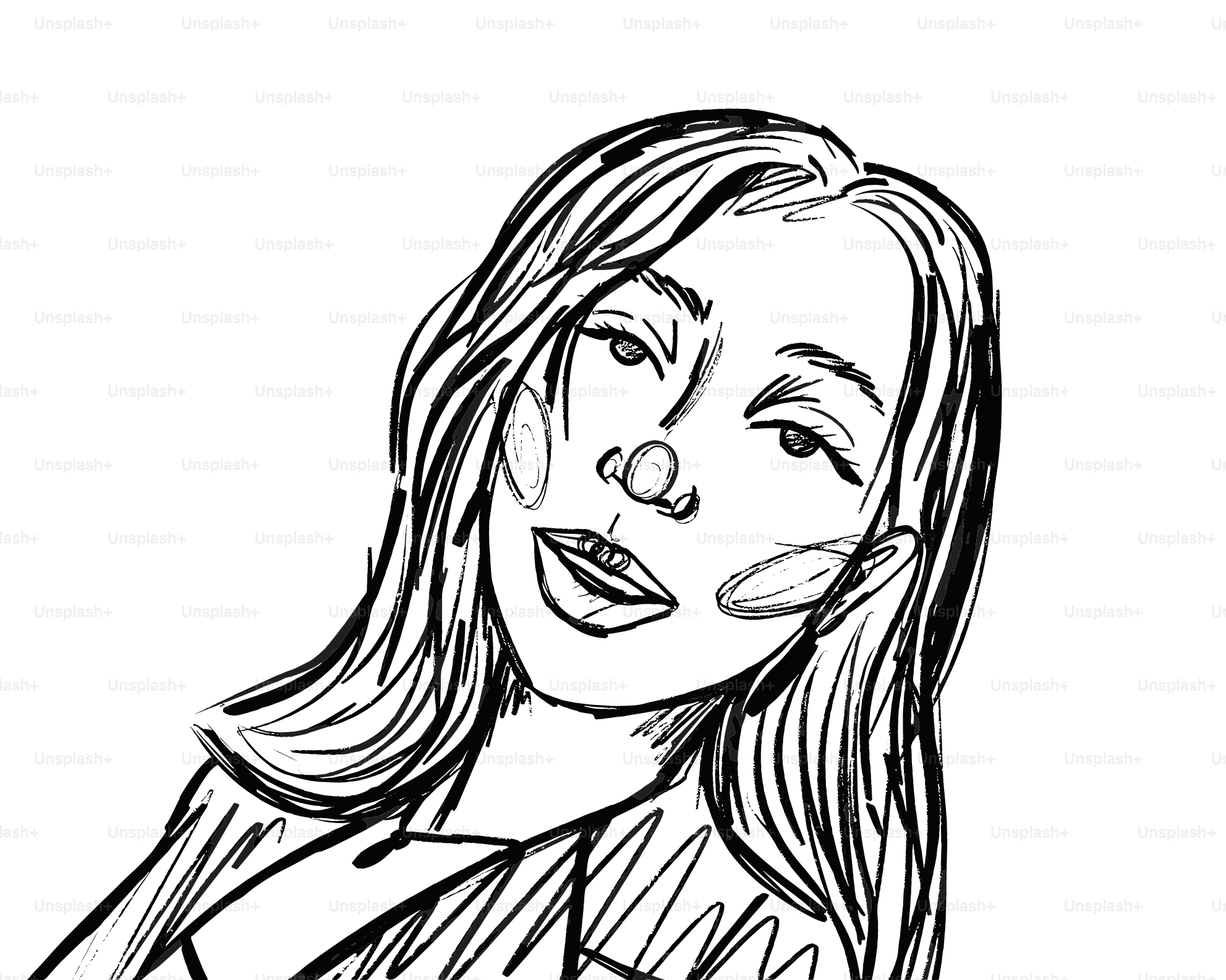 Sketch of a young woman with long hair smiling