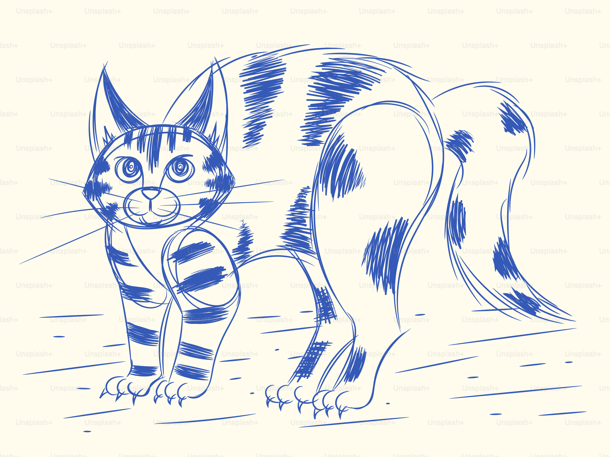 A blue-lined sketch of a striped cat arching its back.