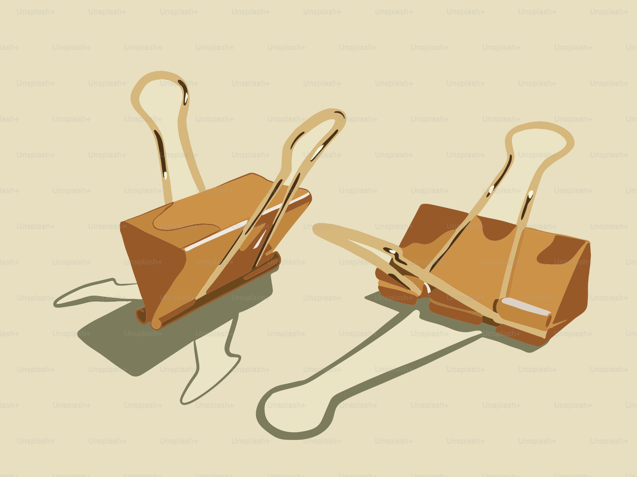 Two golden binder clips casting shadows