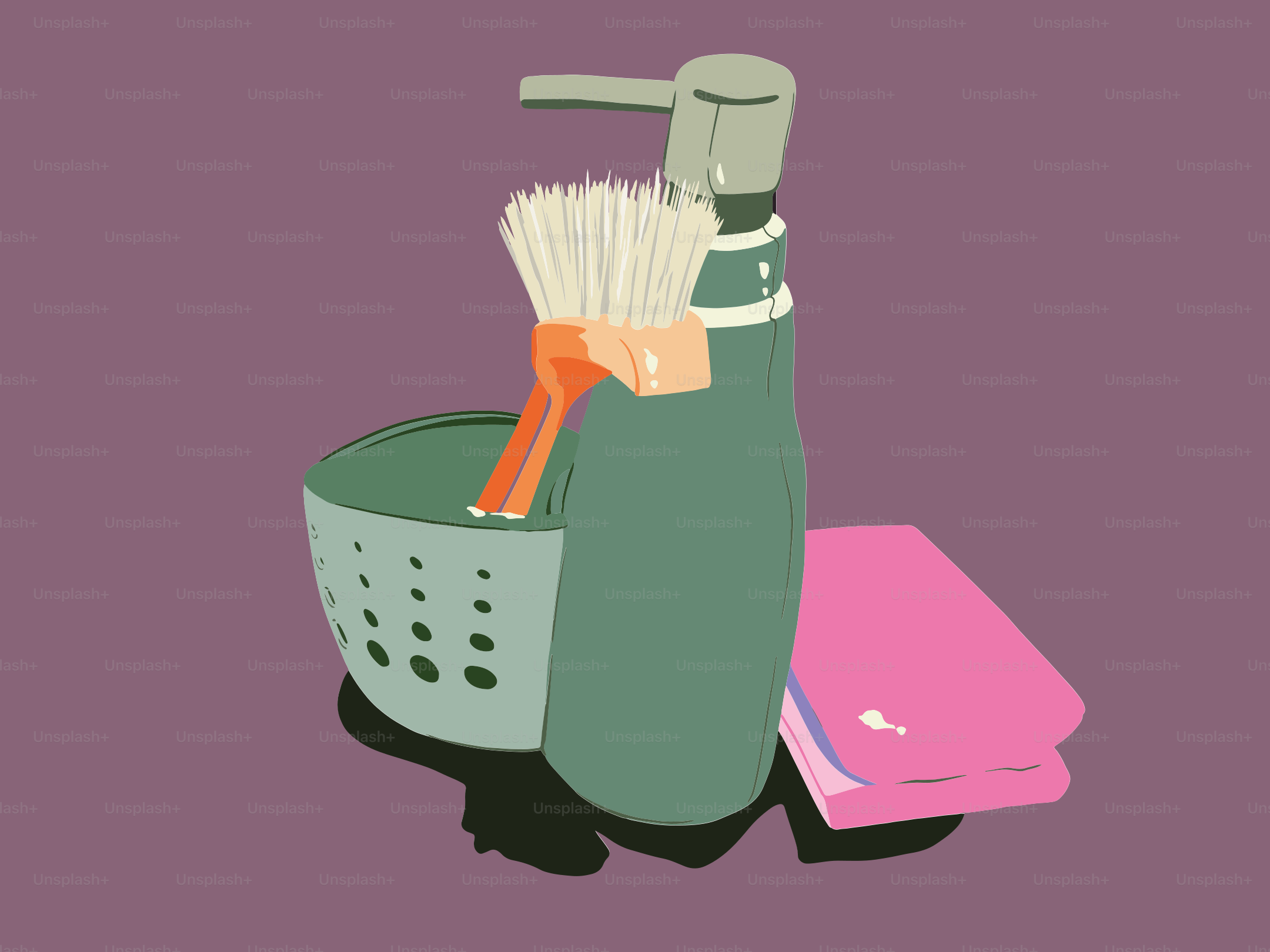 Cleaning supplies with soap dispenser, brush, and cloths.