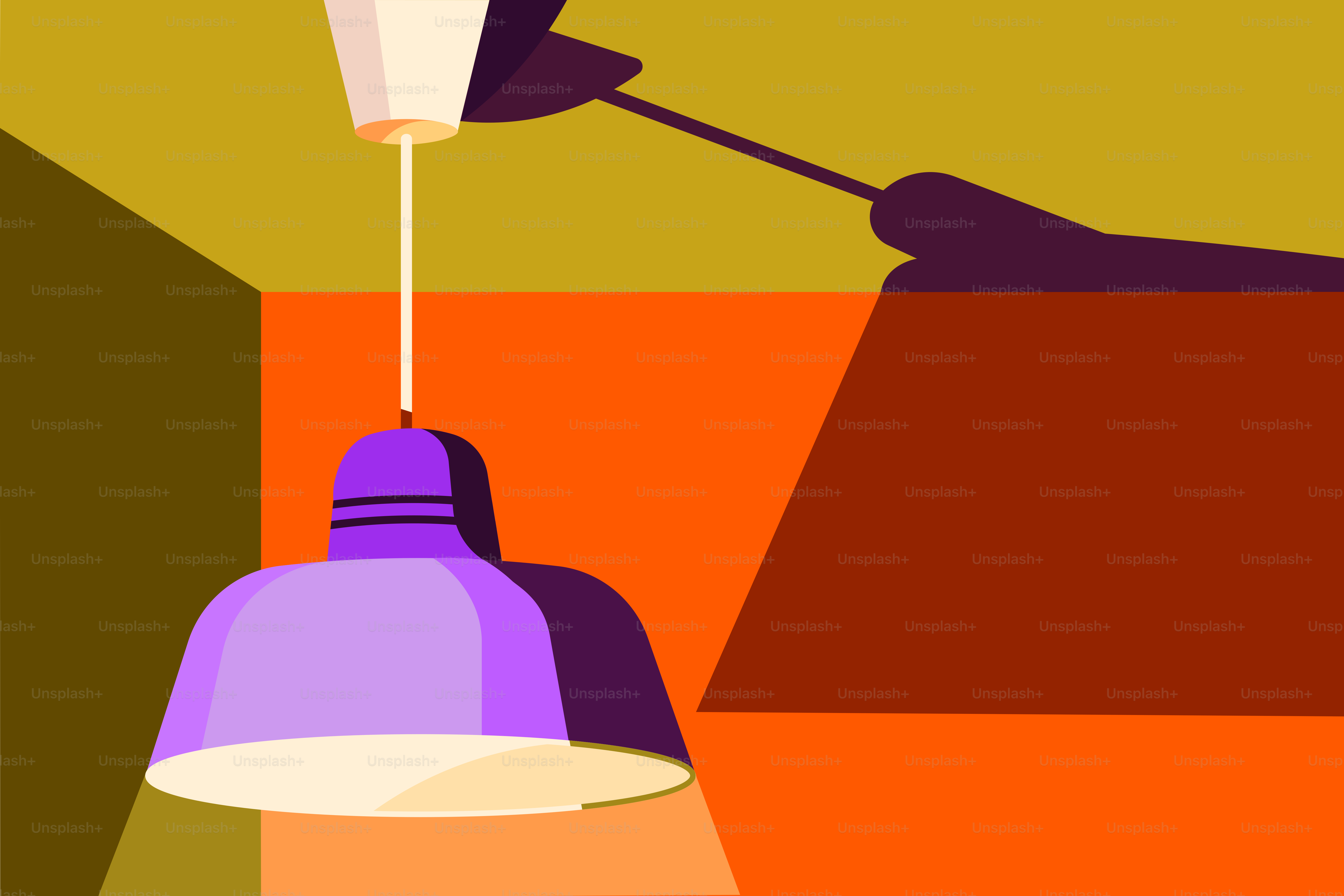 Purple hanging lamp casts shadow on orange wall.