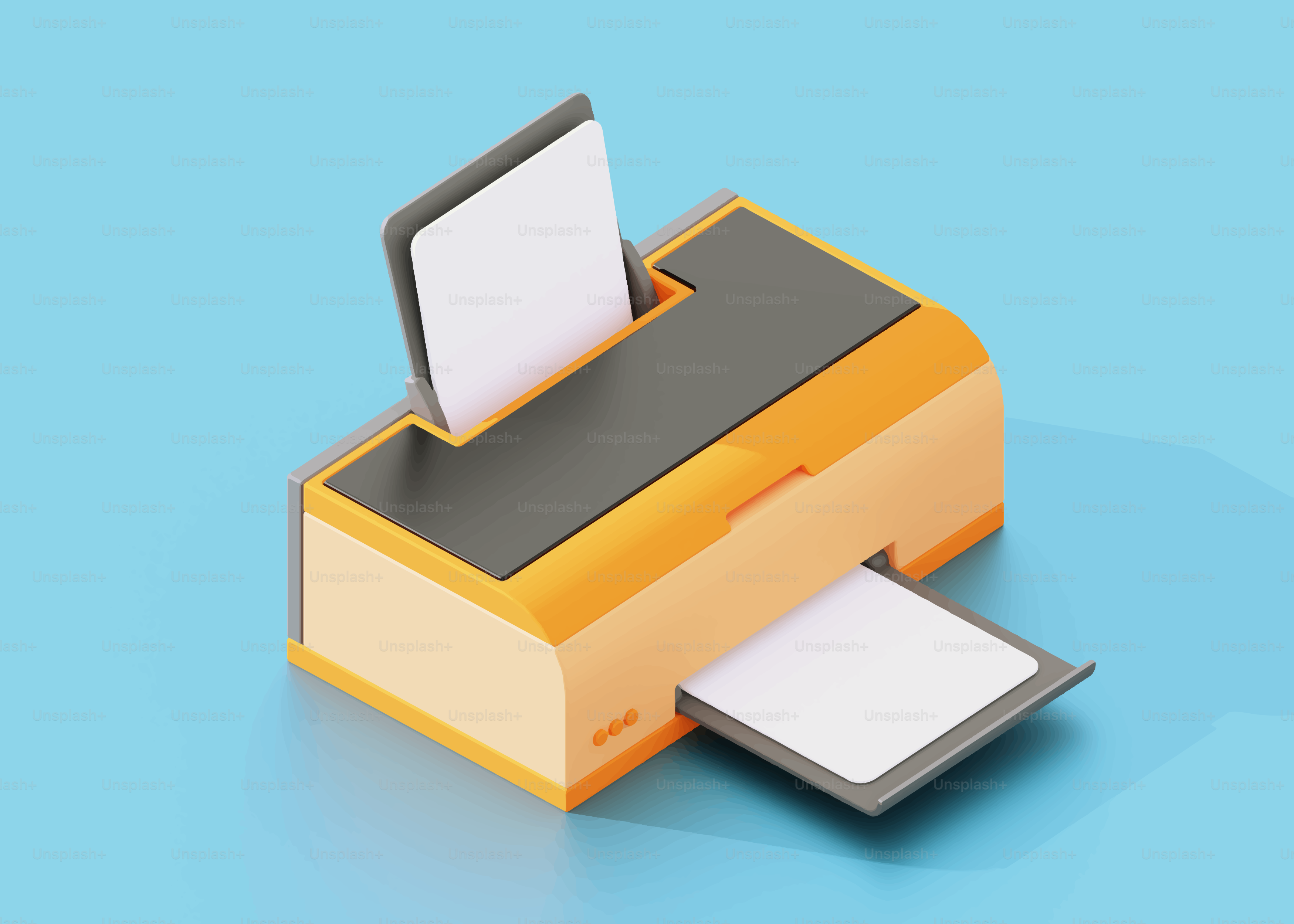 Printer oranye dan abu-abu dengan kertas dengan latar belakang biru