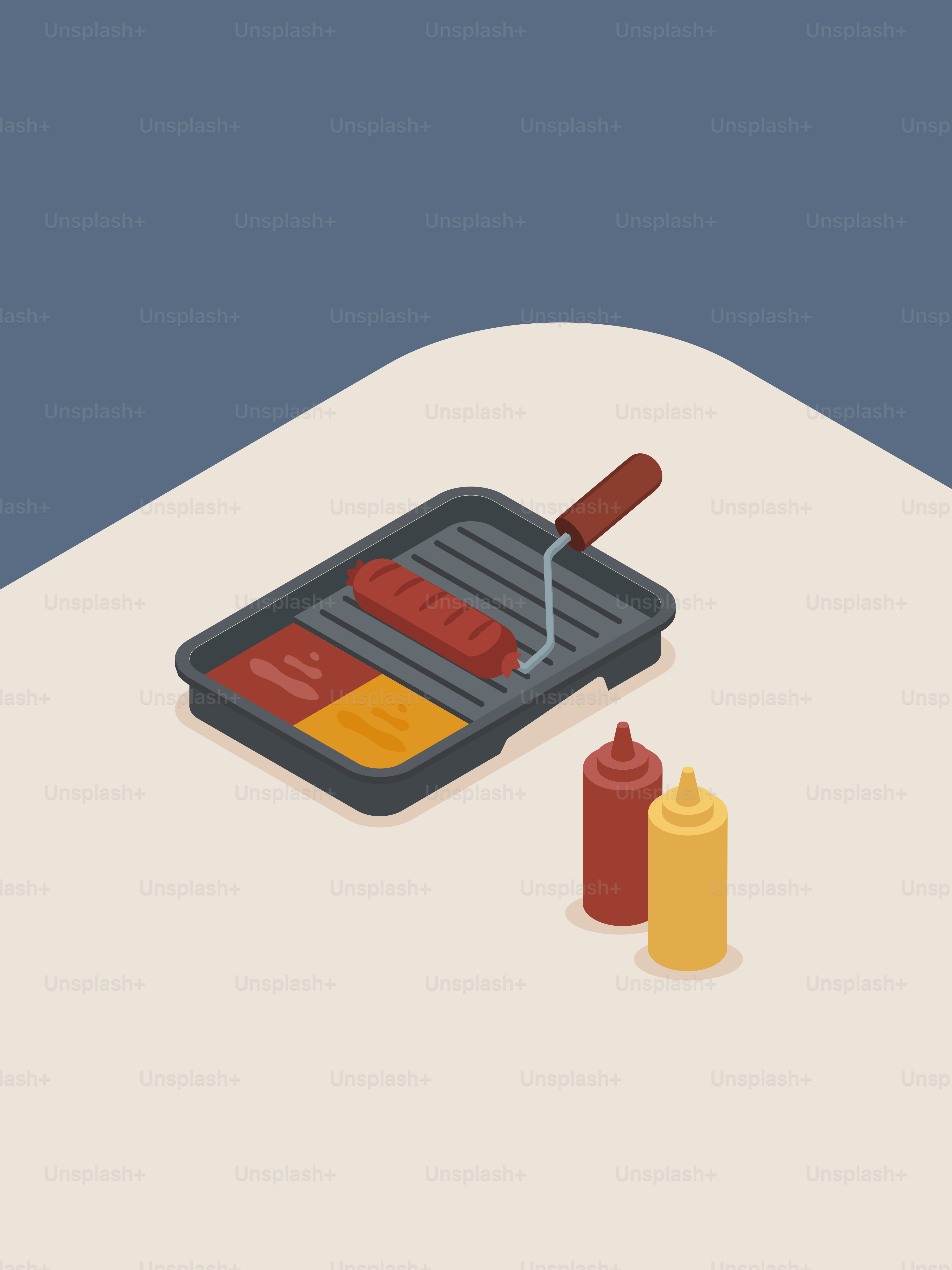 Sausage grilling on pan with ketchup and mustard