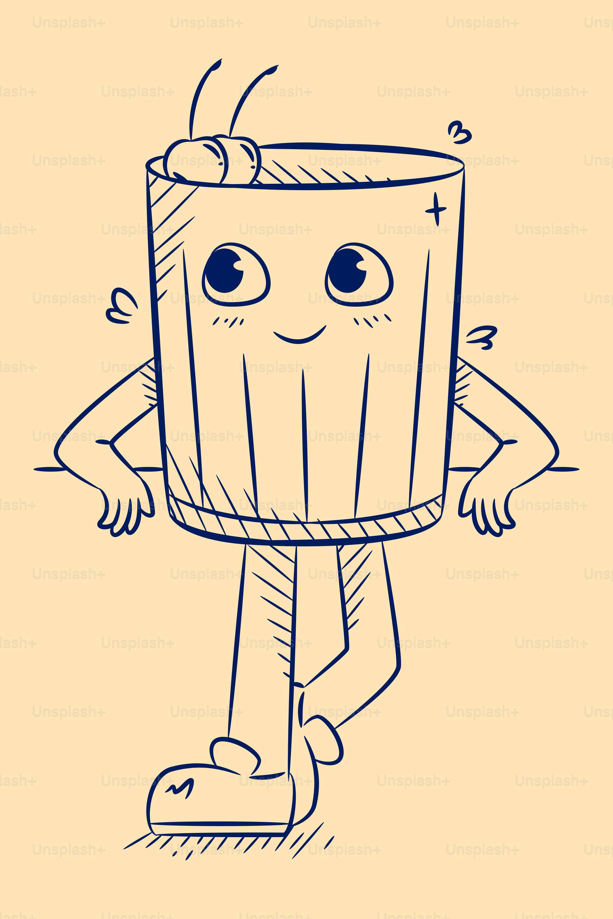 A cartoon glass with arms and legs leaning.