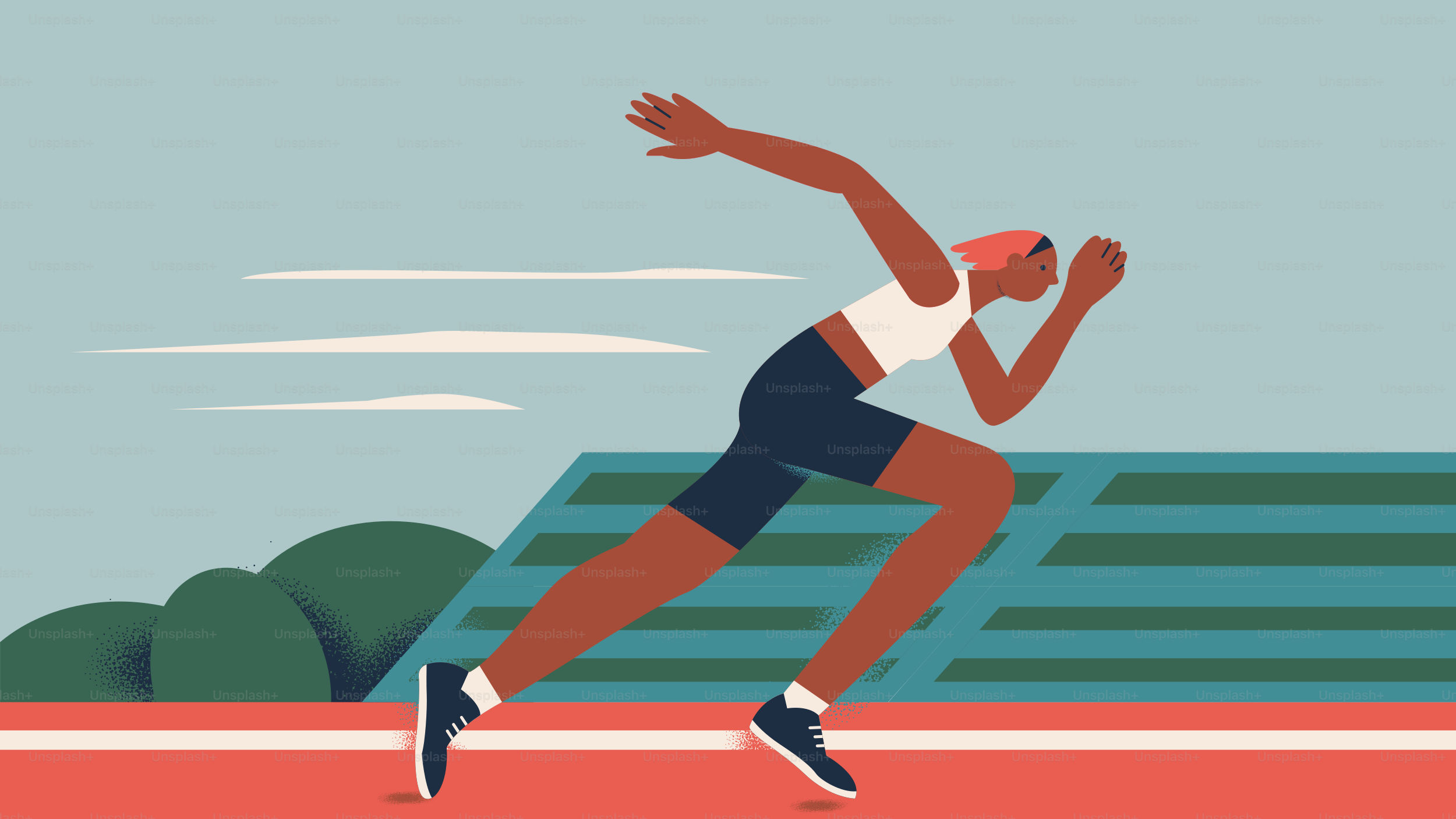 Woman running on a track with stadium background