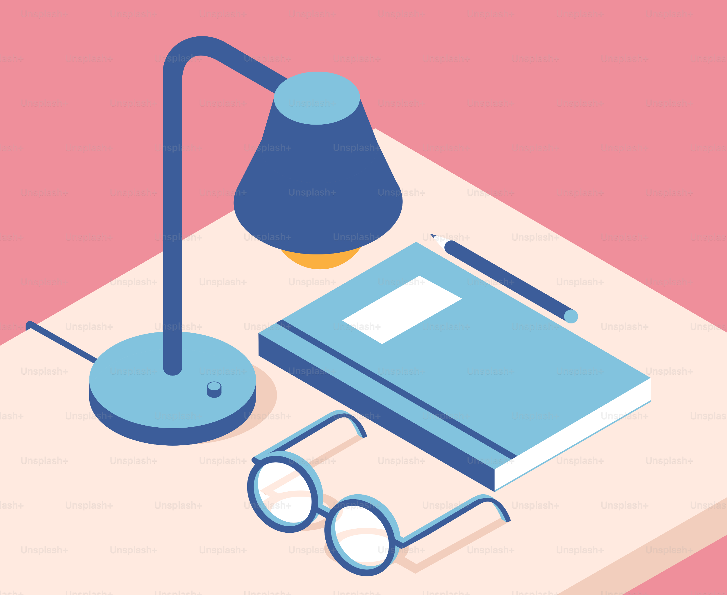 Desk with lamp, book, pencil, and glasses.