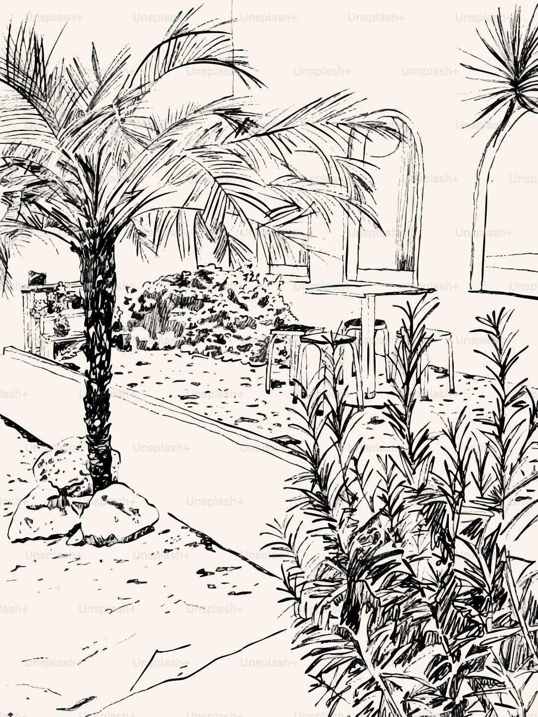 Sketch of a tropical patio with palm trees and seating.