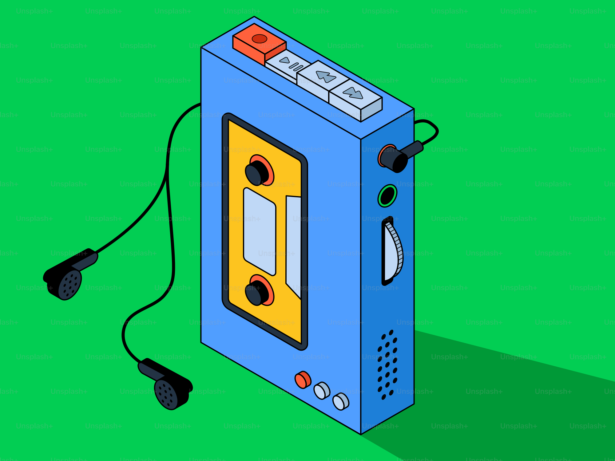 A blue portable cassette player with headphones