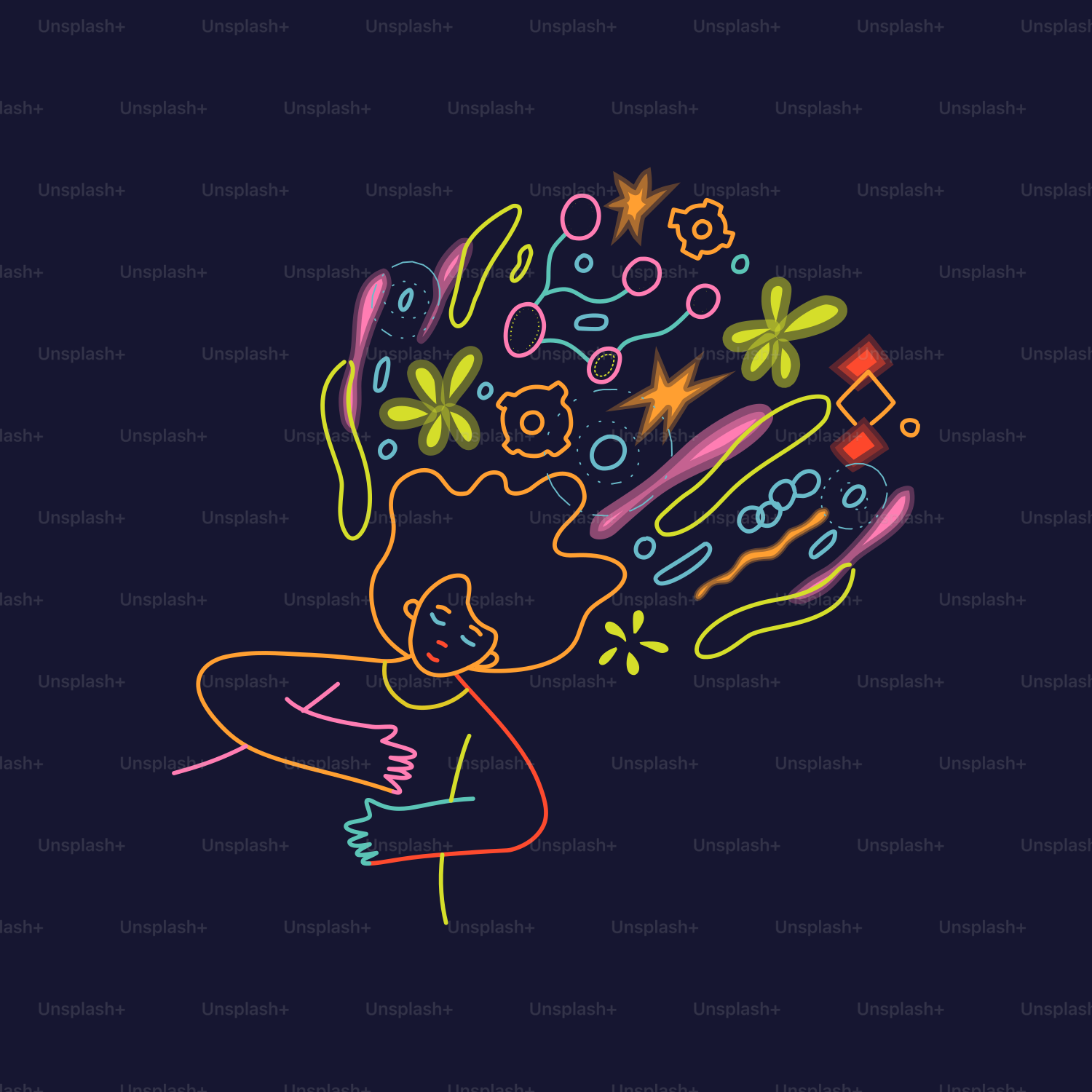 Woman with colorful abstract thoughts emanating from her head.