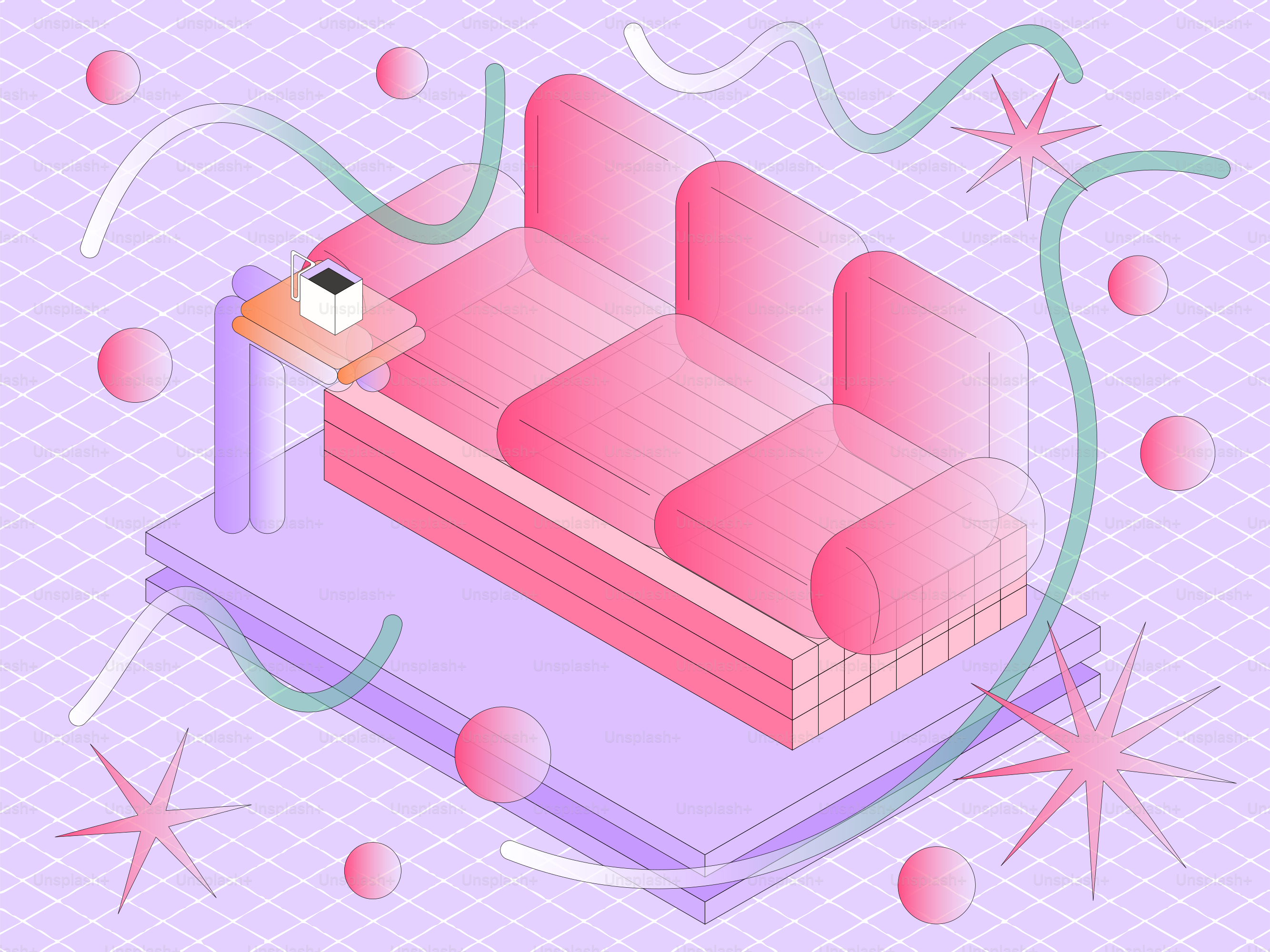 Pink sofa on a purple isometric grid background.