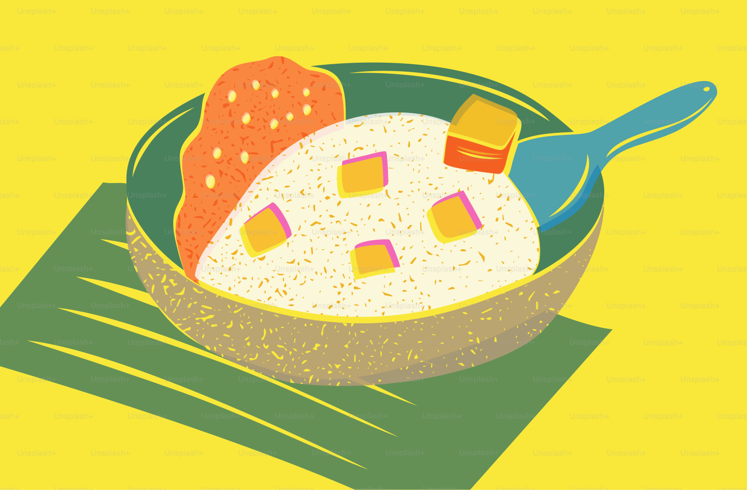 Schüssel Reis mit Belägen, Obst und Löffel