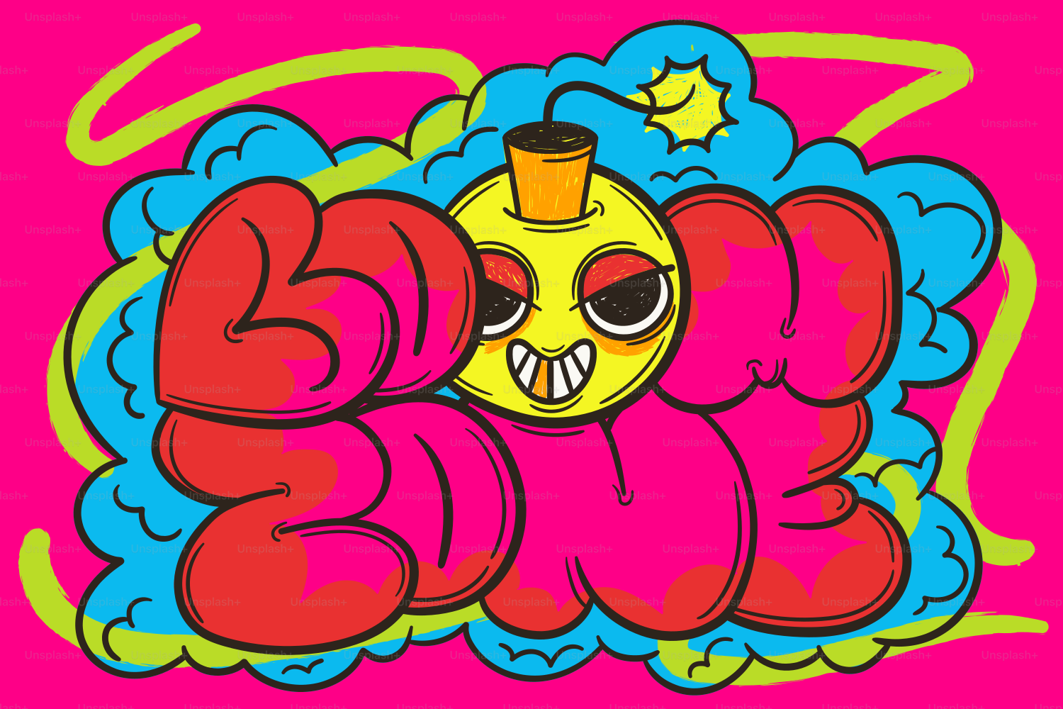 Cartoon bomb character with "bomb" text