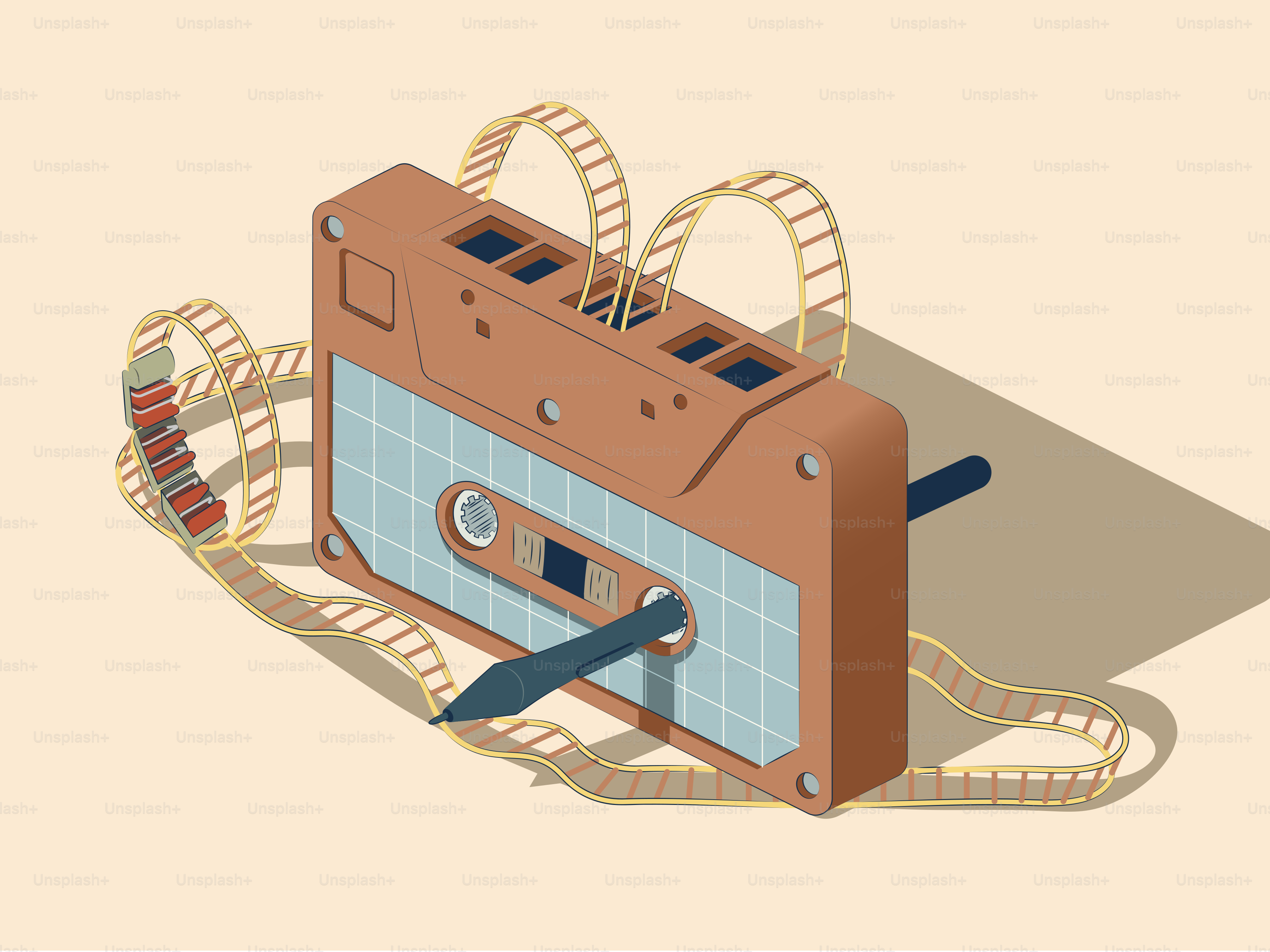 Vintage cassette tape with film reel unwinding