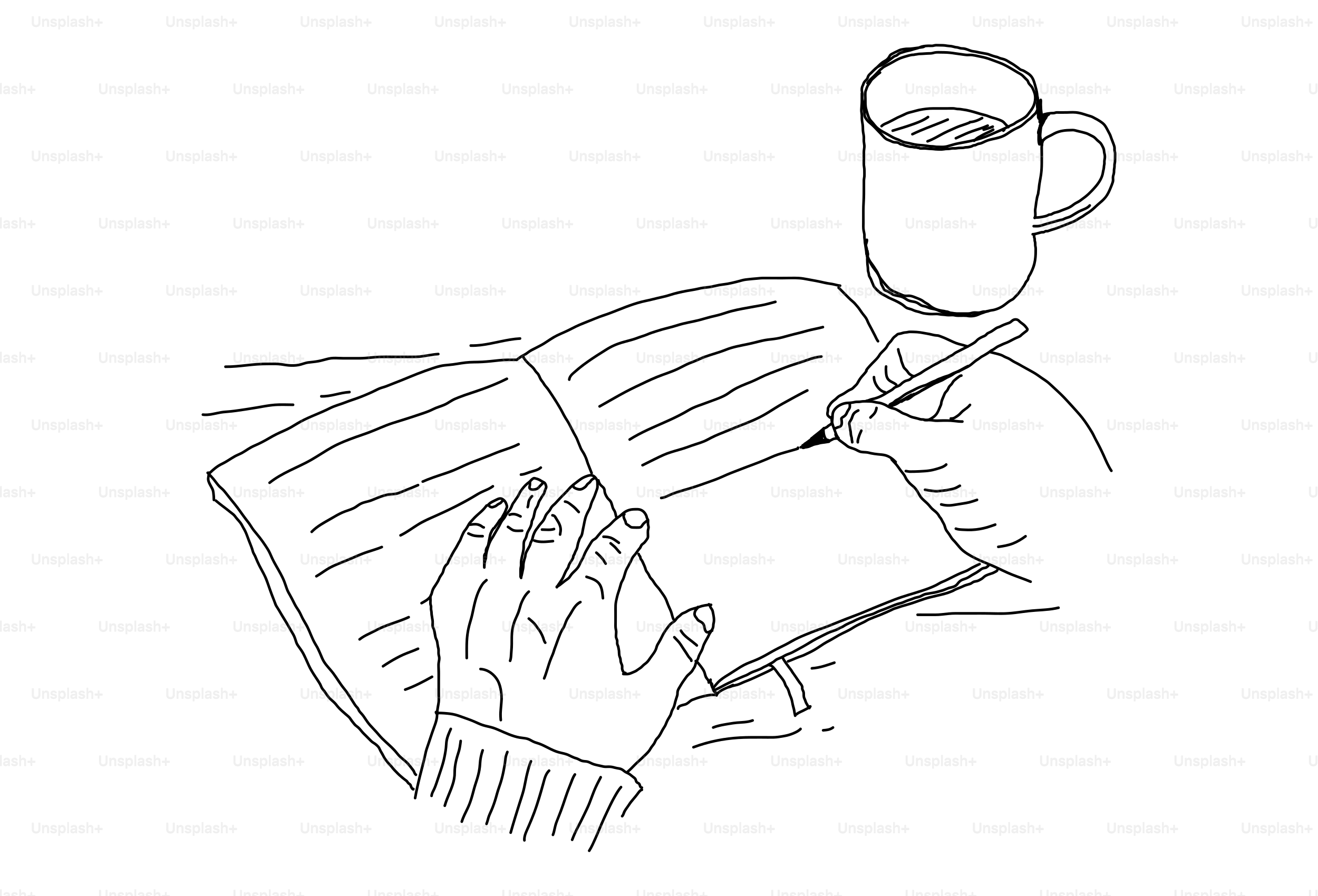 Mãos escrevendo em um caderno ao lado de uma xícara de café.