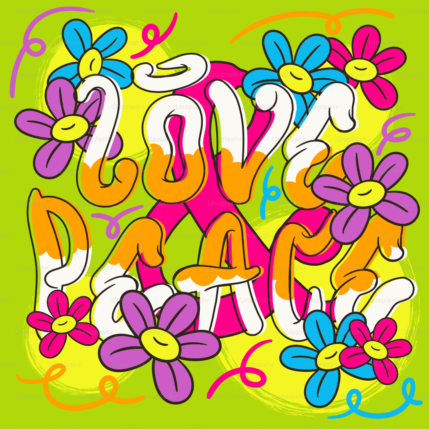 Colorido texto retro "amor y paz" con flores