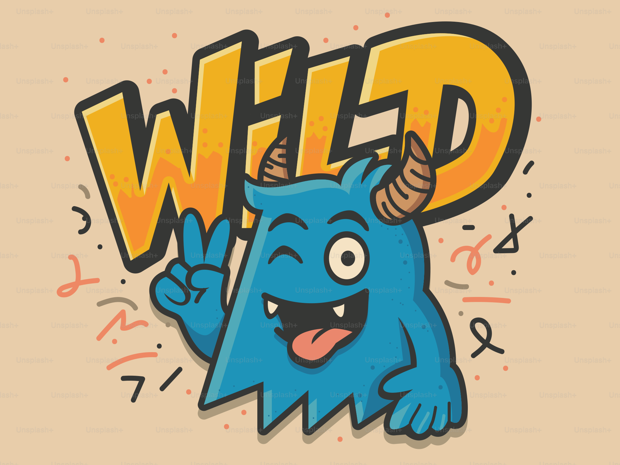 青いモンスターがウィンクし、ピースサインを点滅させる。