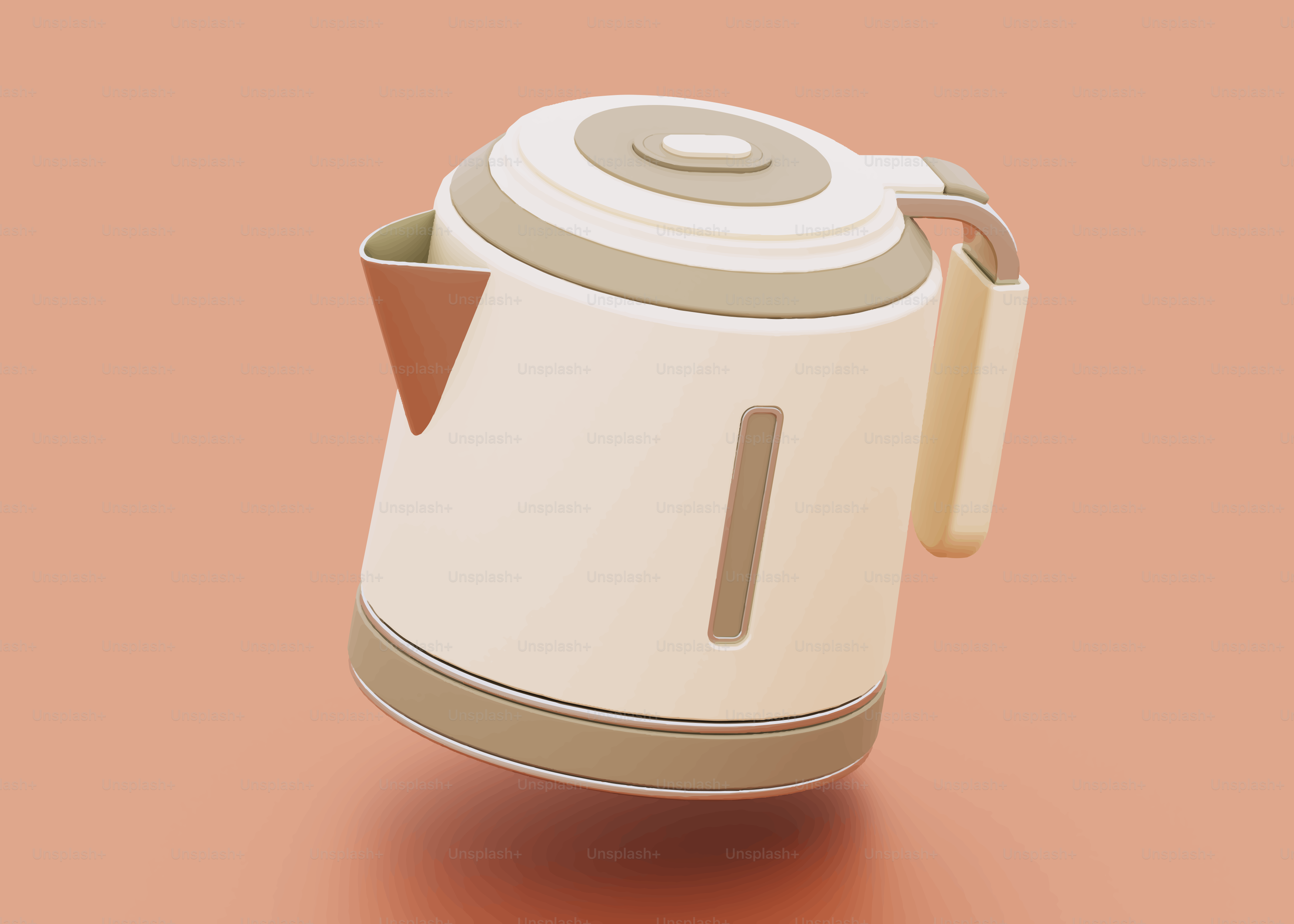 A cream and tan electric kettle on a peach background