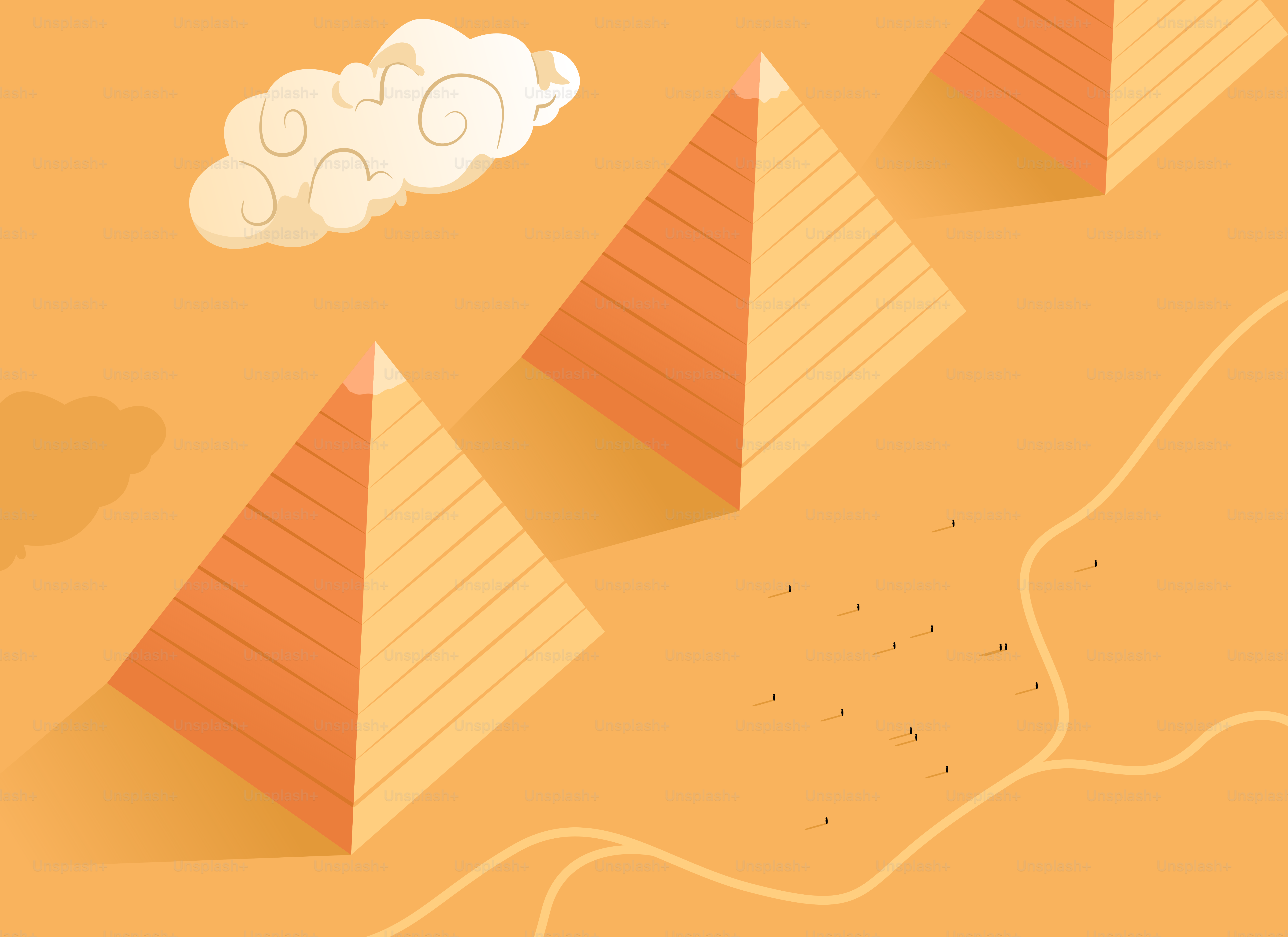 Des pyramides stylisées dans un paysage désertique sous un nuage.