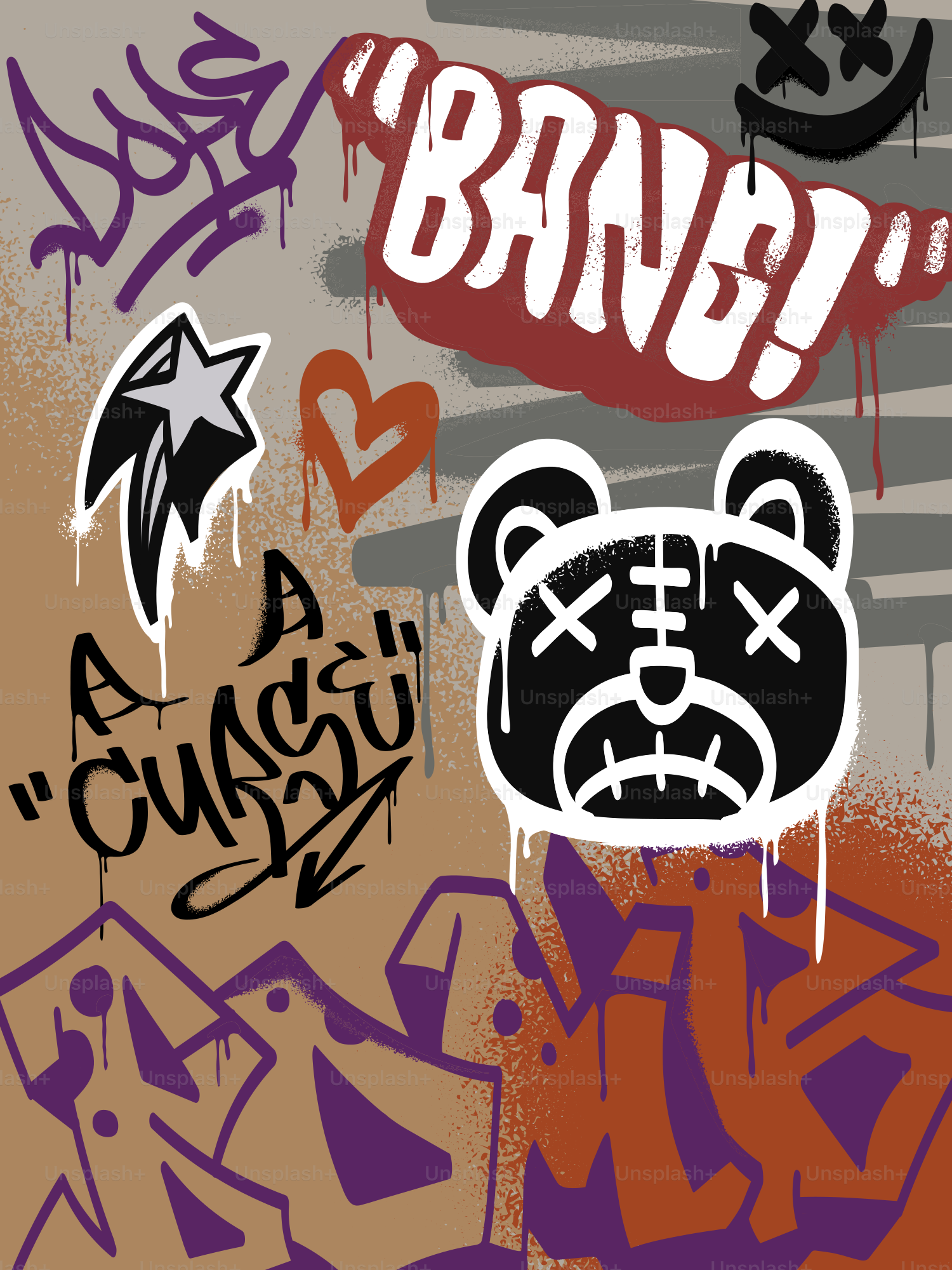 Graffiti art with "bang!" and a bear face.
