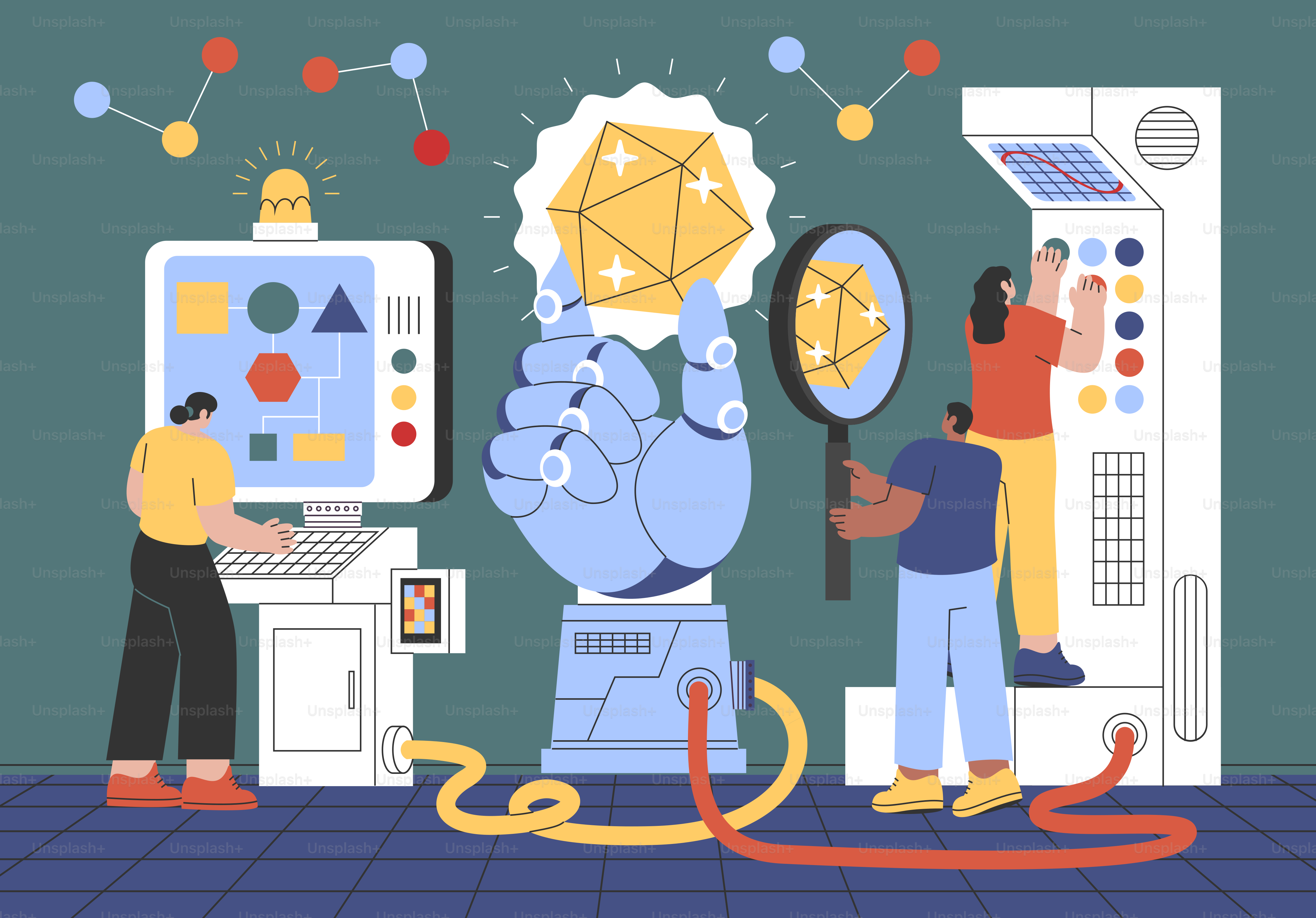 People working with robot arm and technology.