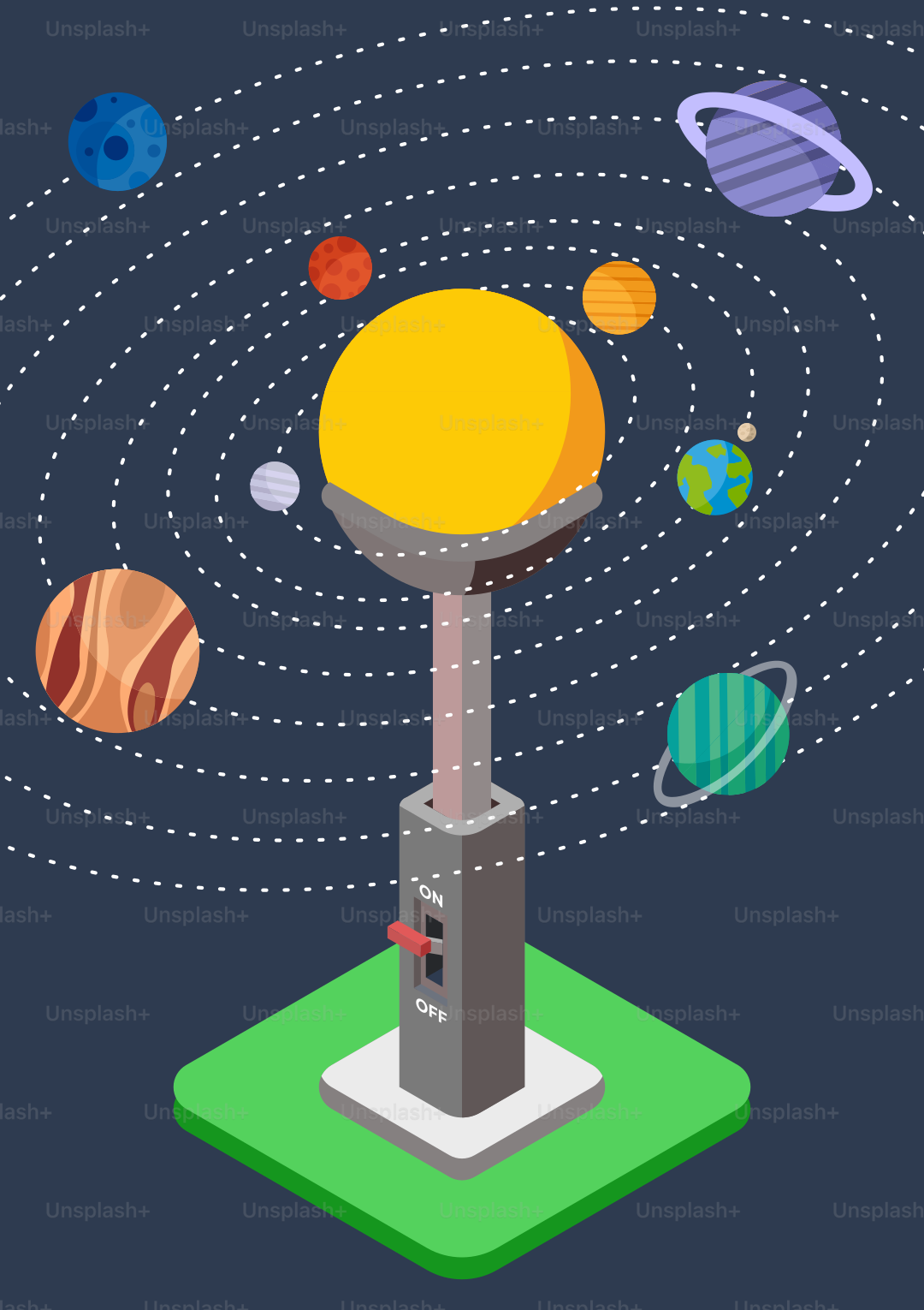 Solar system model with planets orbiting the sun.