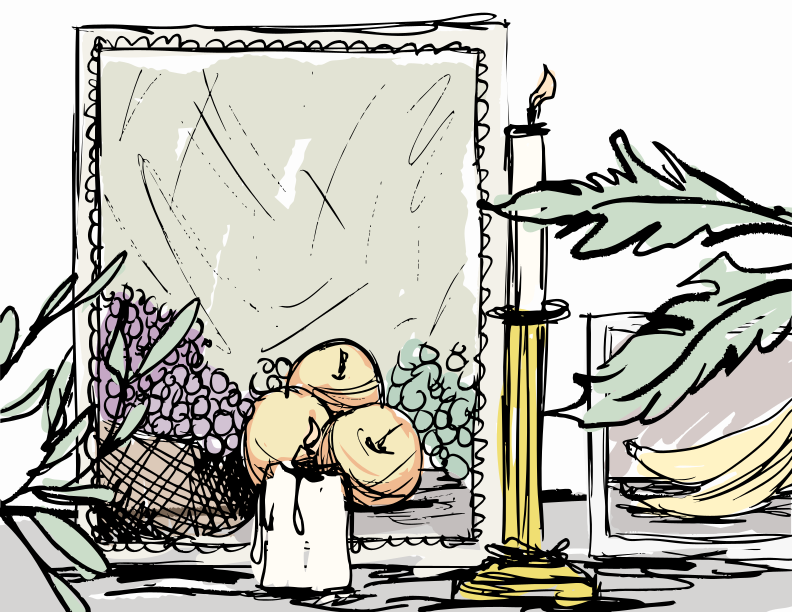 Still life with fruit, candles, and greenery