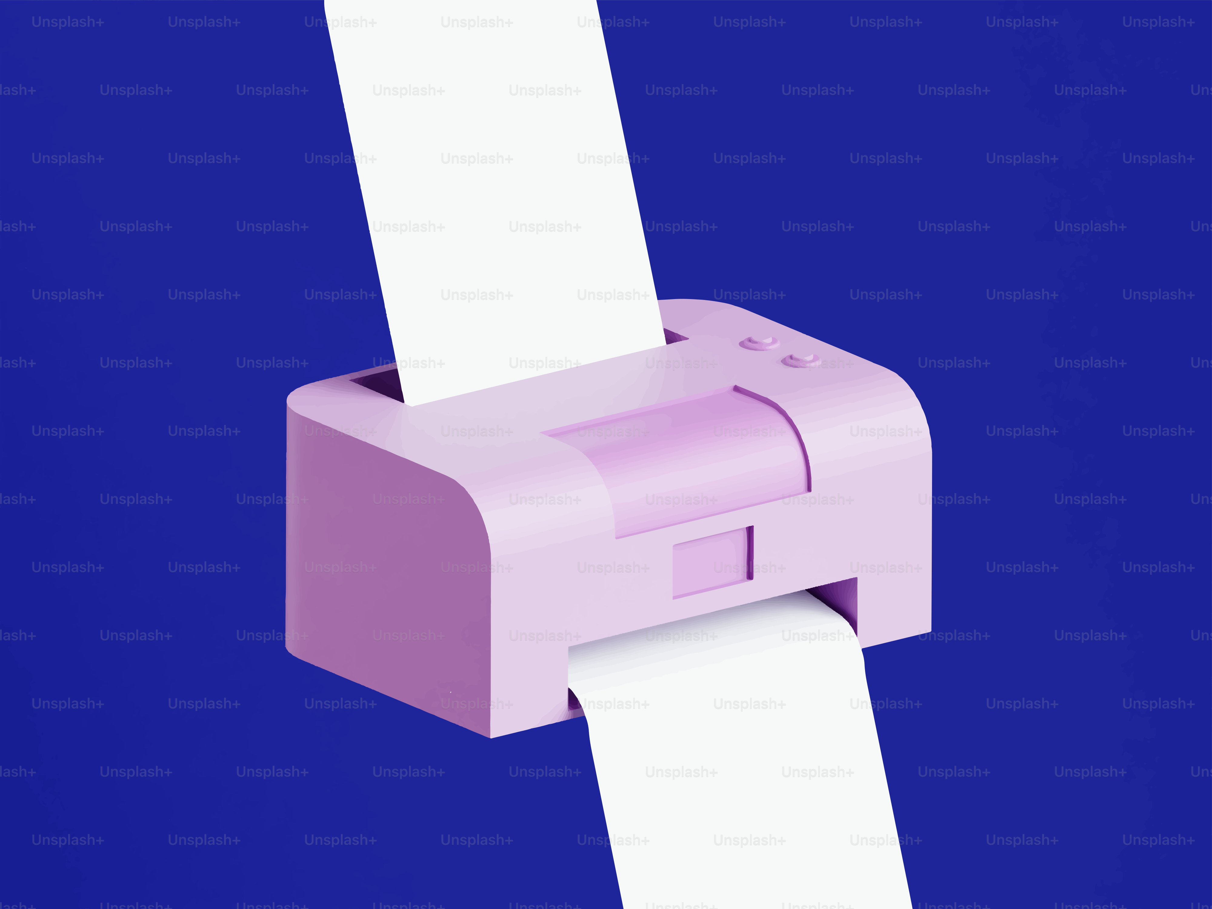Pink printer with paper on blue background