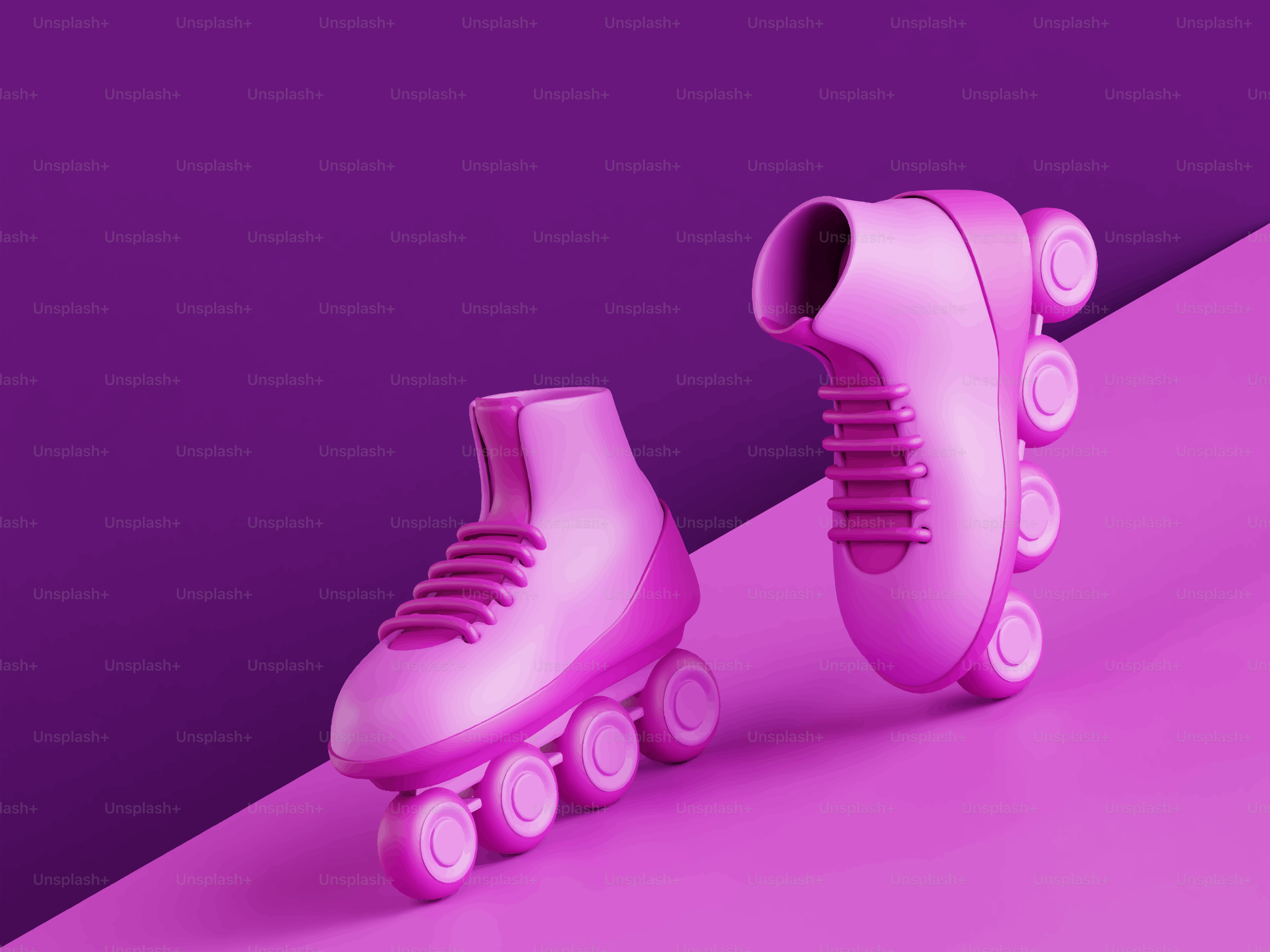 Two pink roller skates on a purple background.