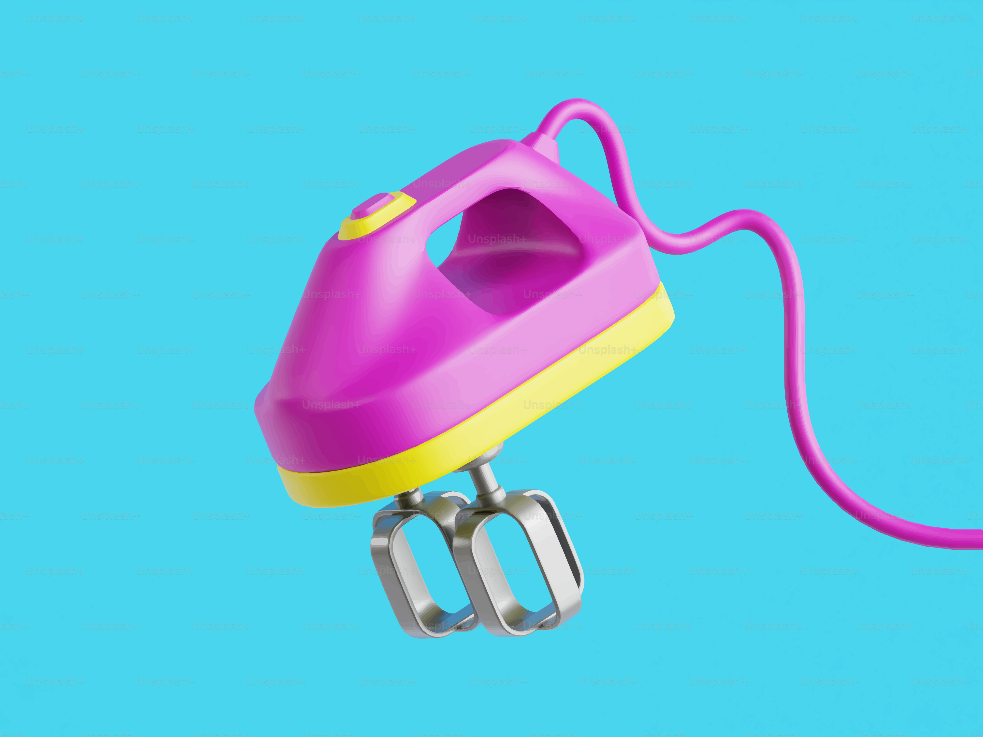 A pink and yellow hand mixer on blue background