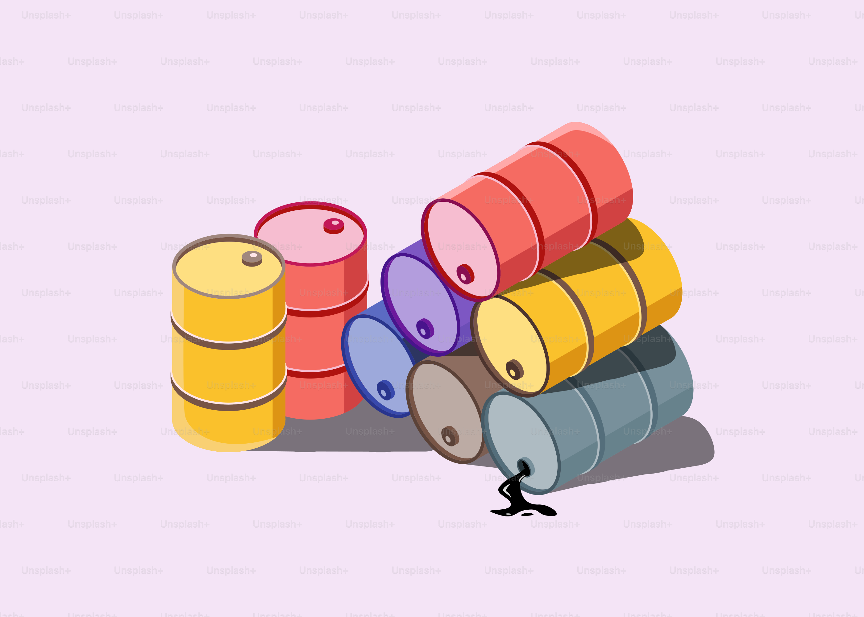 Several colorful oil barrels stacked, one leaking black liquid.