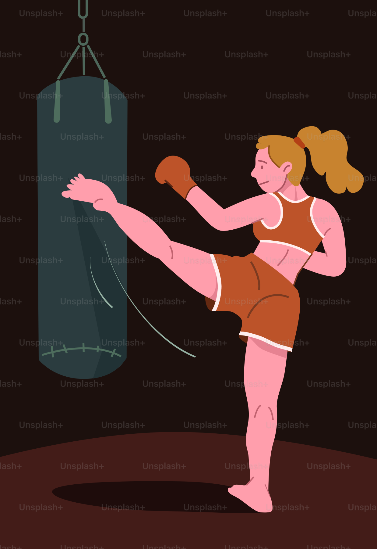 Mulher chutando um saco de boxe com força