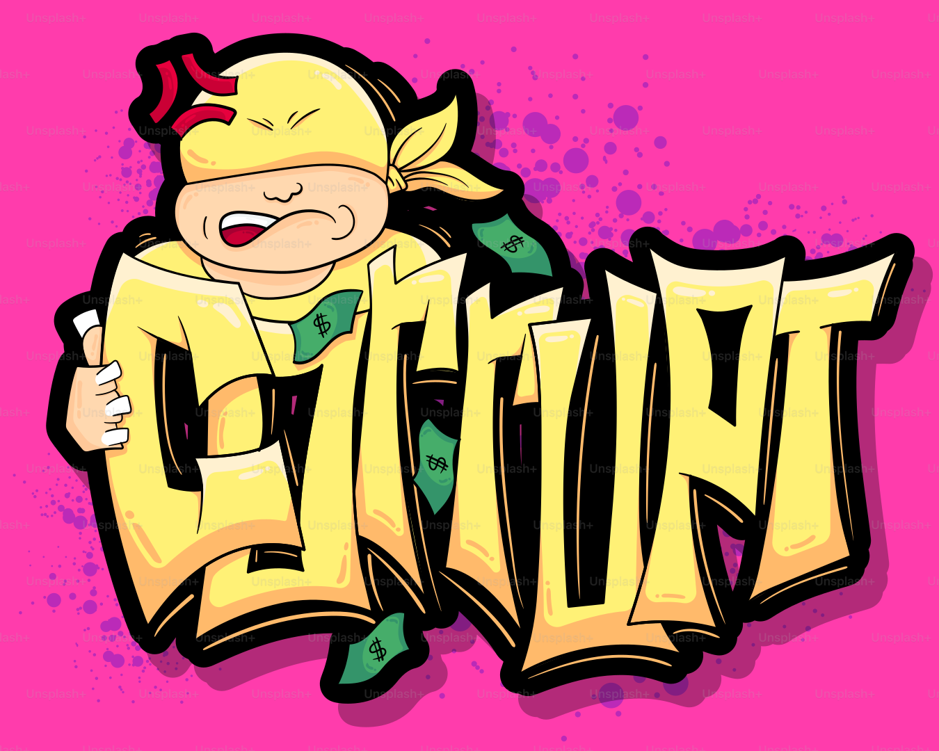 Graffiti art with a cartoon character and money.